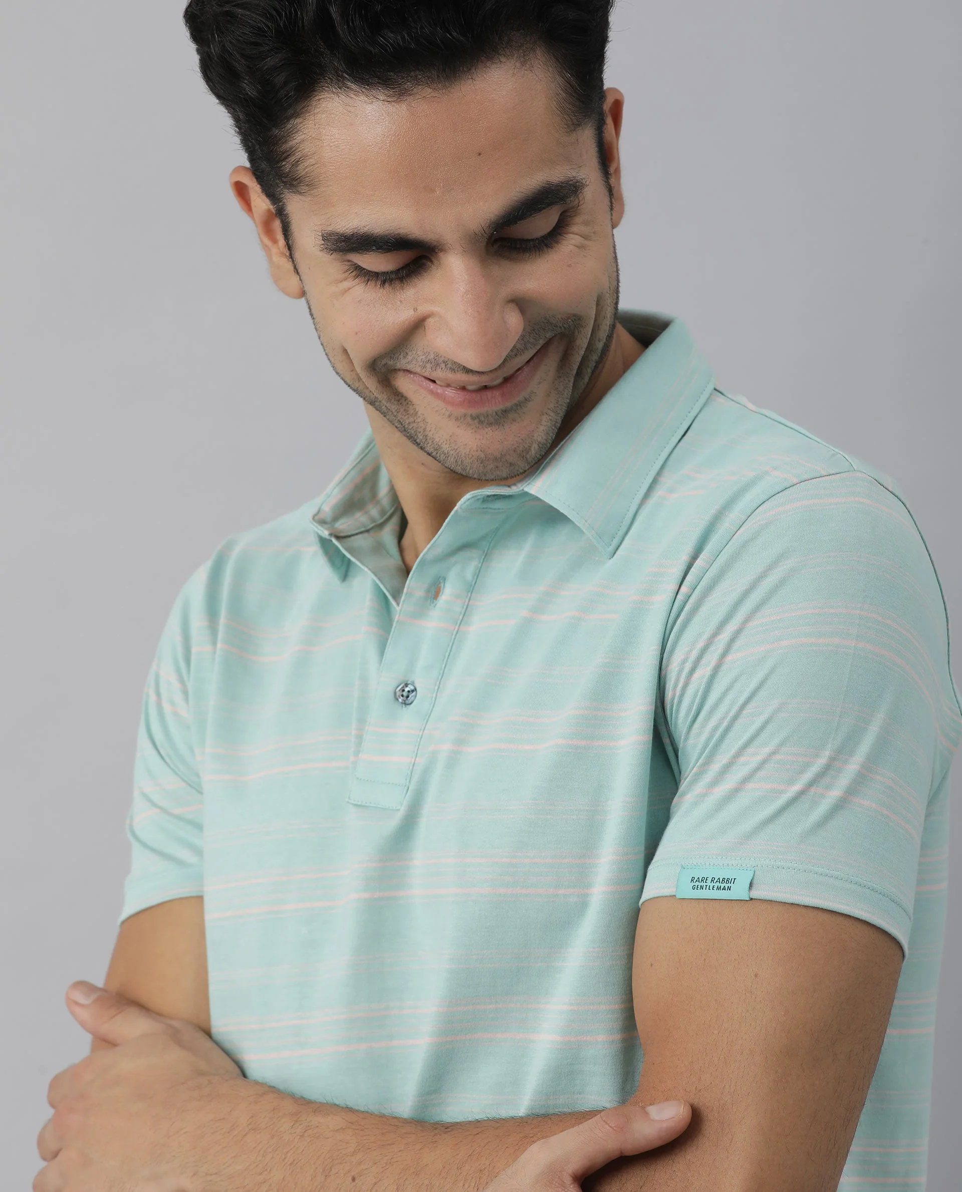 Rare Rabbit Men's Neon Turq Cotton Striped Print Slim Fit Half Sleeve Polo - Image 9