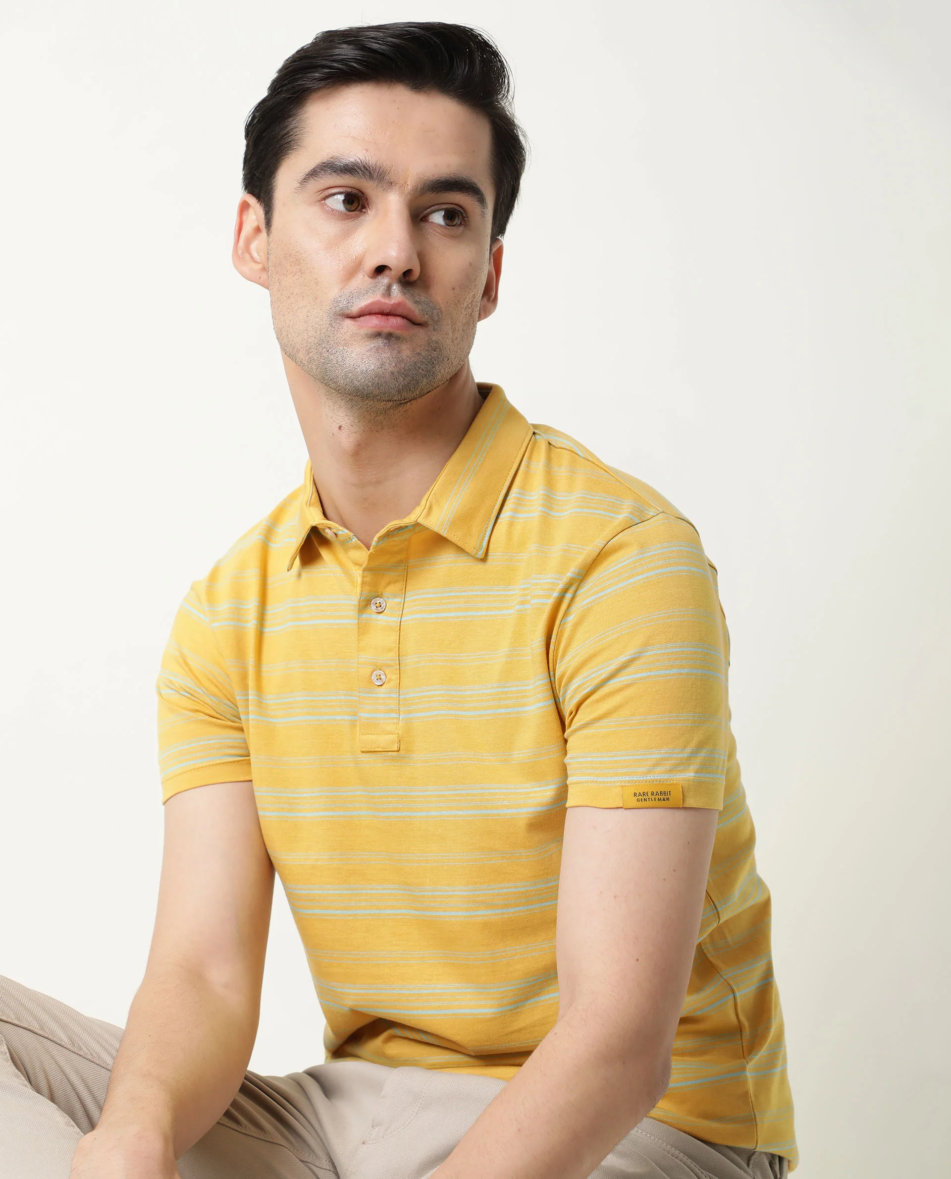 Rare Rabbit Men's Neon Mustard Cotton Striped Print Slim Fit Half Sleeve Polo - Image 10