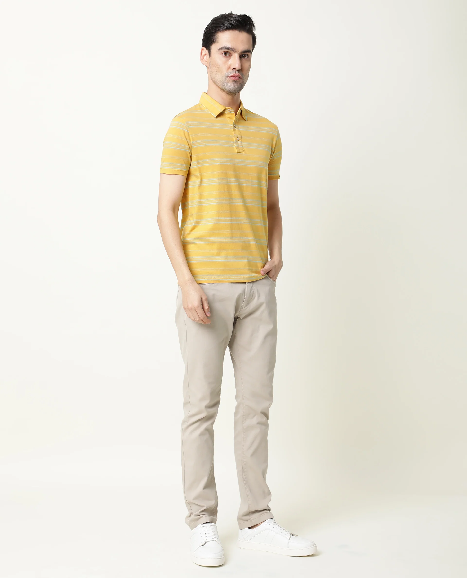 Rare Rabbit Men's Neon Mustard Cotton Striped Print Slim Fit Half Sleeve Polo - Image 2