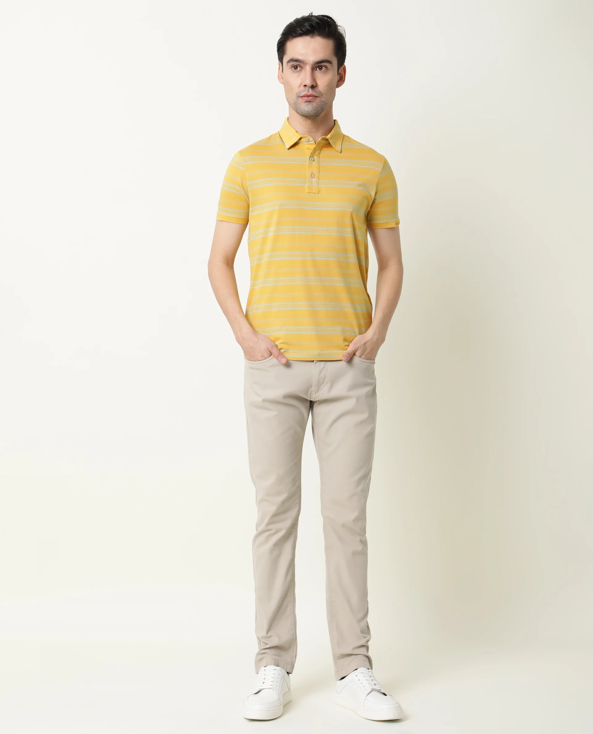 Rare Rabbit Men's Neon Mustard Cotton Striped Print Slim Fit Half Sleeve Polo - Image 3