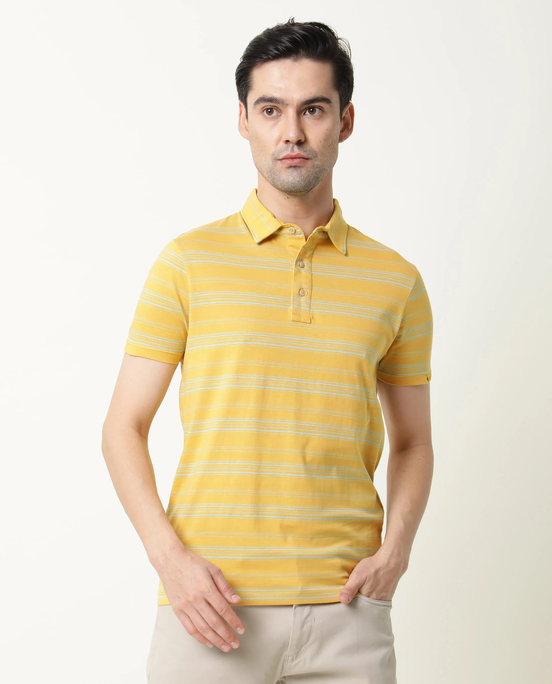 Rare Rabbit Men's Neon Mustard Cotton Striped Print Slim Fit Half Sleeve Polo - Image 4