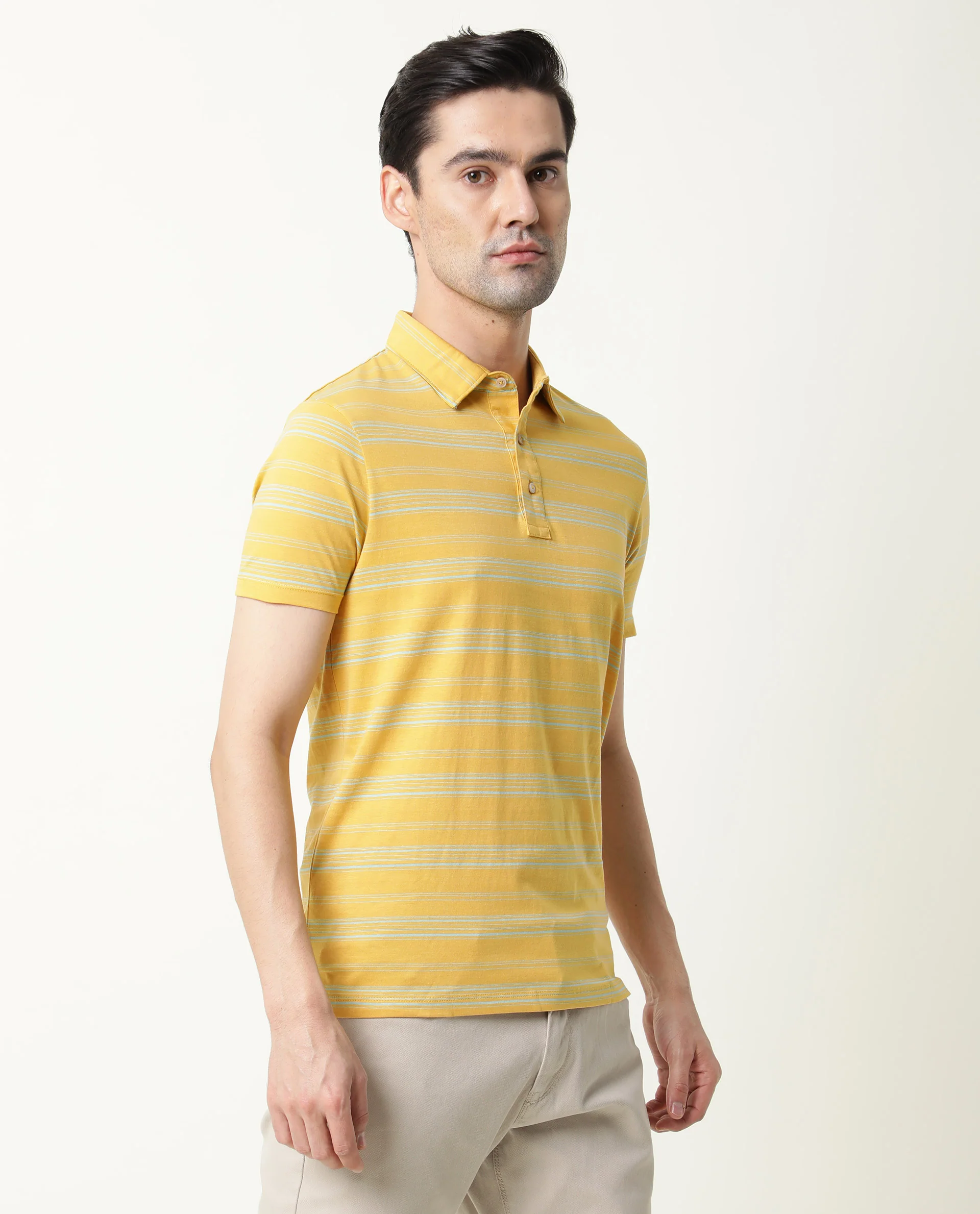 Rare Rabbit Men's Neon Mustard Cotton Striped Print Slim Fit Half Sleeve Polo - Image 5