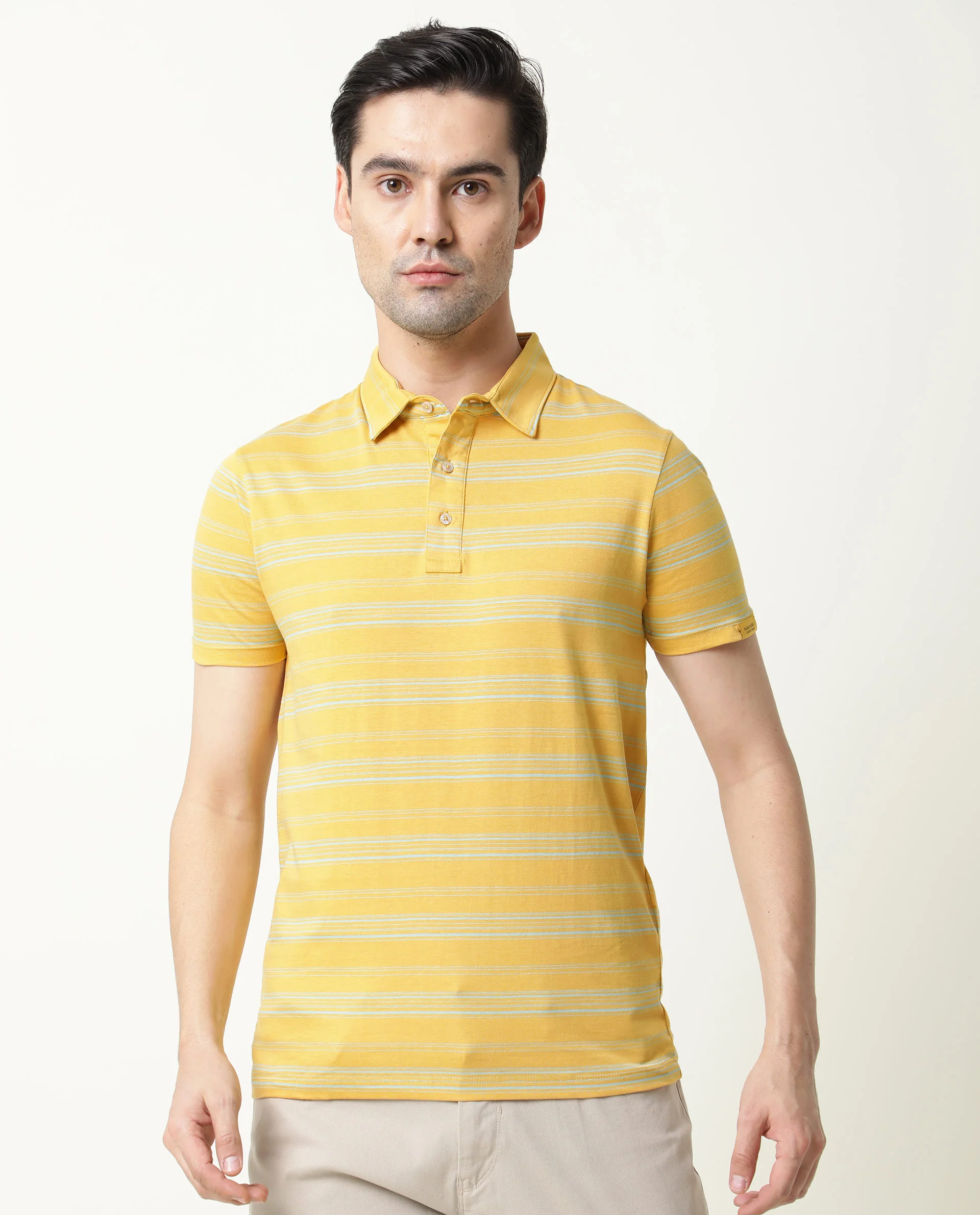 Rare Rabbit Men's Neon Mustard Cotton Striped Print Slim Fit Half Sleeve Polo - Image 6