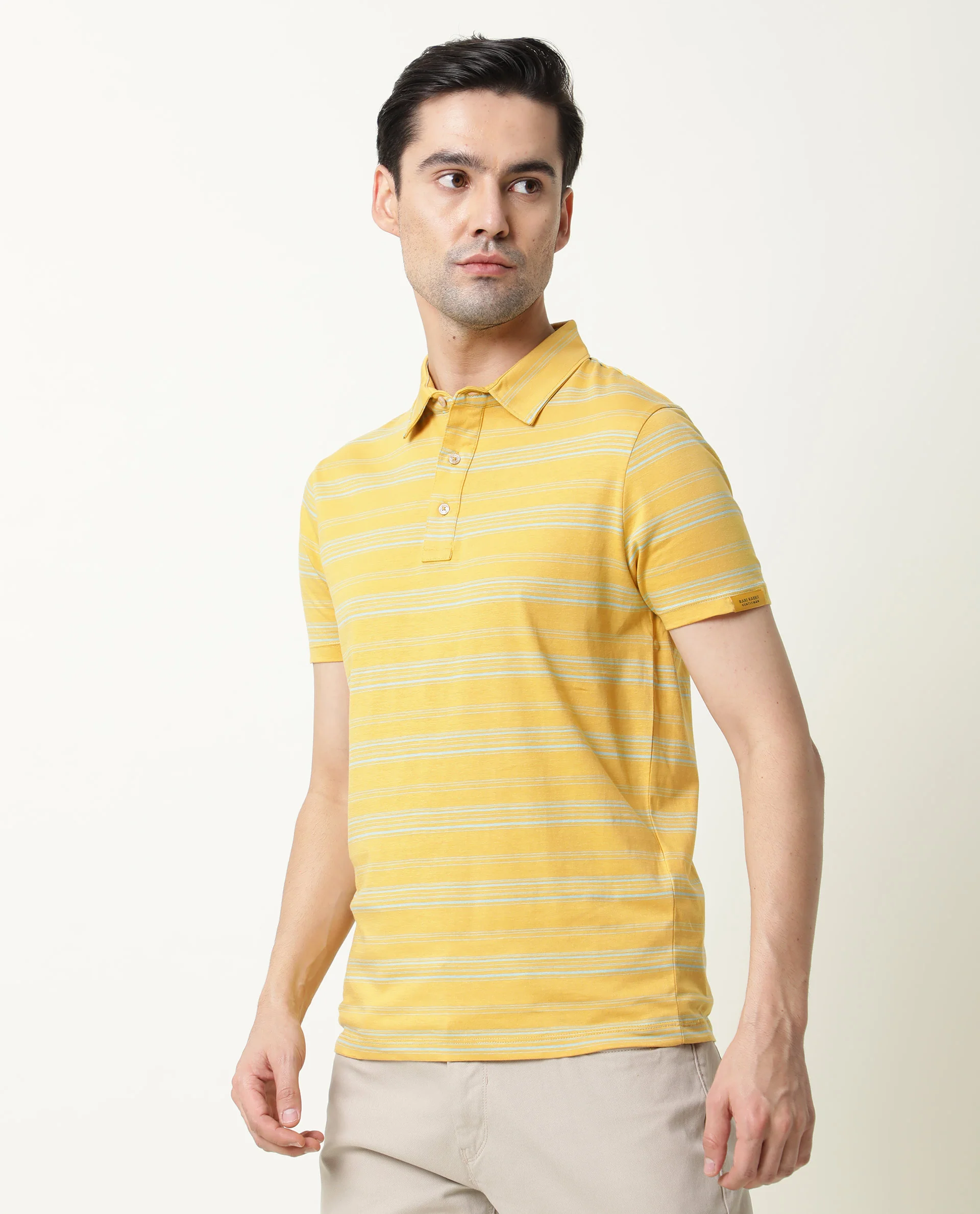 Rare Rabbit Men's Neon Mustard Cotton Striped Print Slim Fit Half Sleeve Polo - Image 7