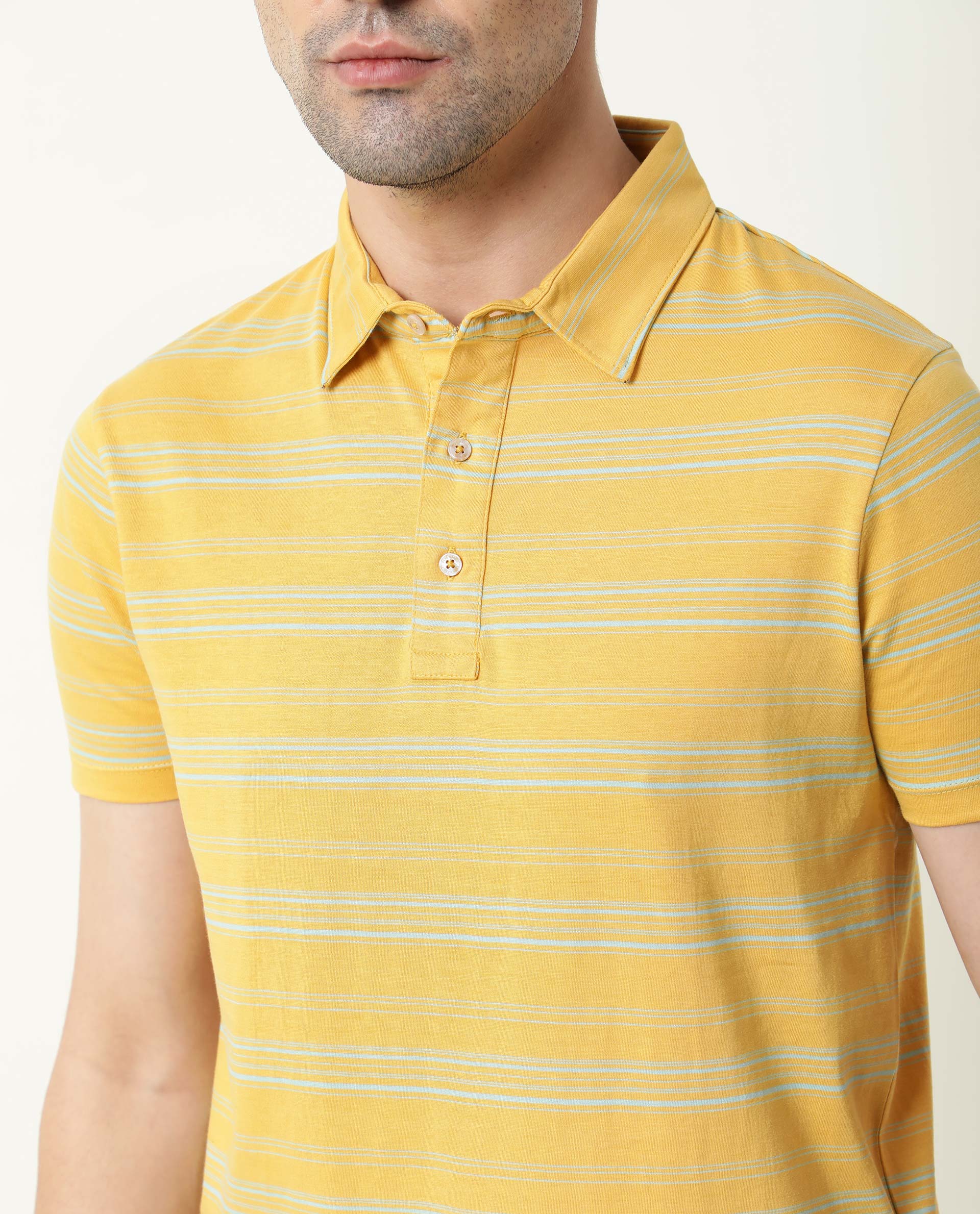 Rare Rabbit Men's Neon Mustard Cotton Striped Print Slim Fit Half Sleeve Polo - Image 8