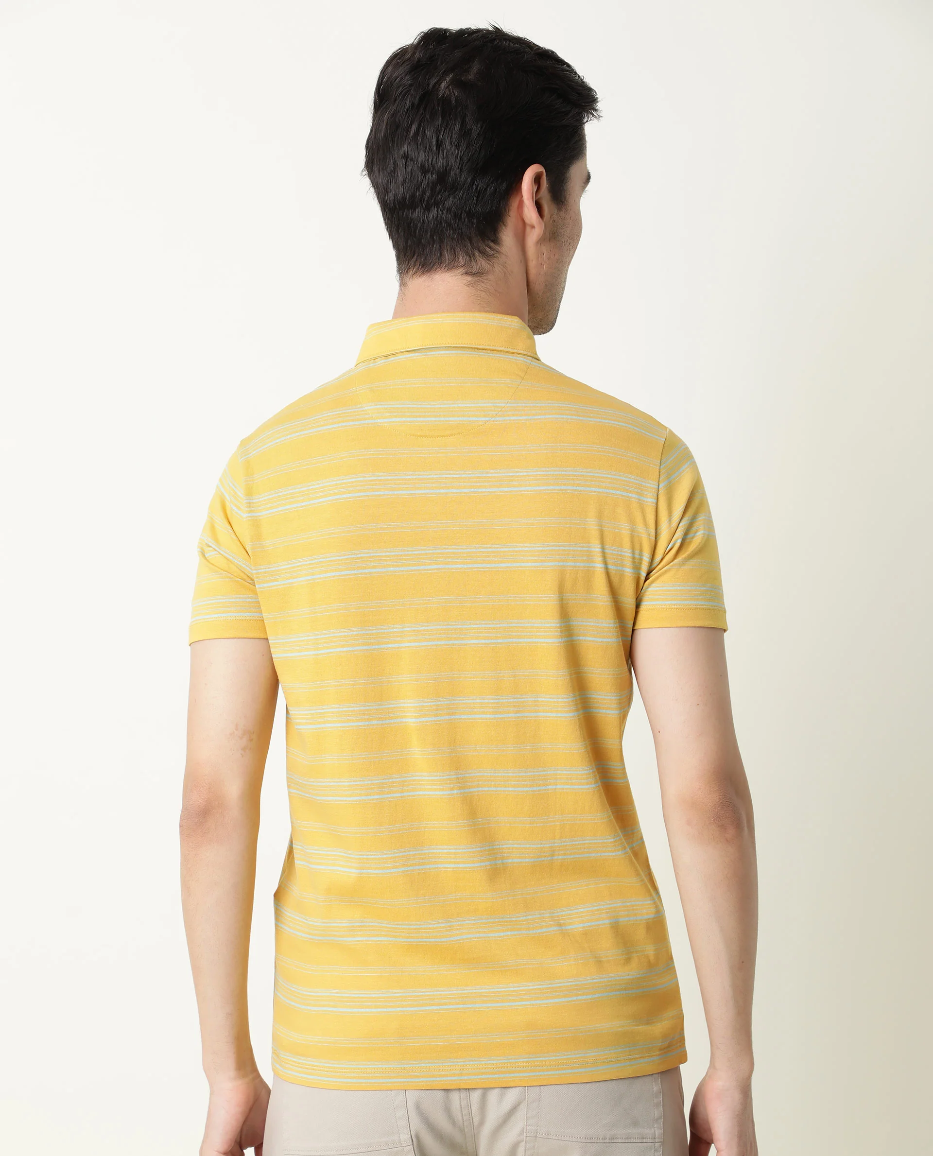 Rare Rabbit Men's Neon Mustard Cotton Striped Print Slim Fit Half Sleeve Polo - Image 9