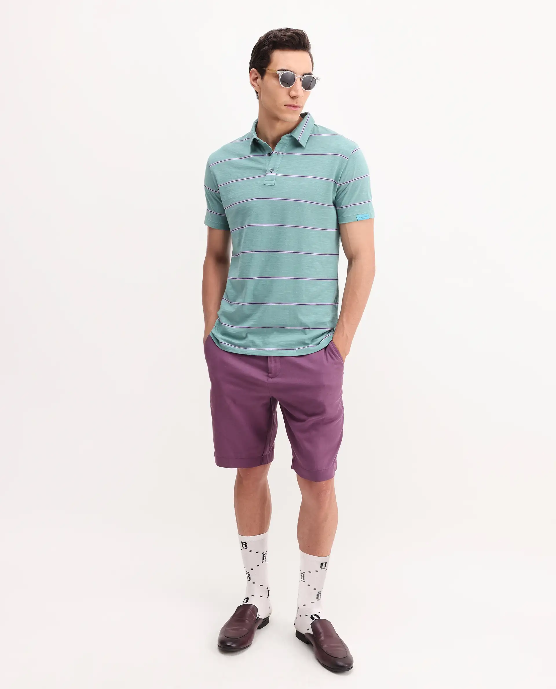 Rare Rabbit Men's Neonss Green Cotton Striped Print Regular Fit Half Sleeve Polo - Image 2