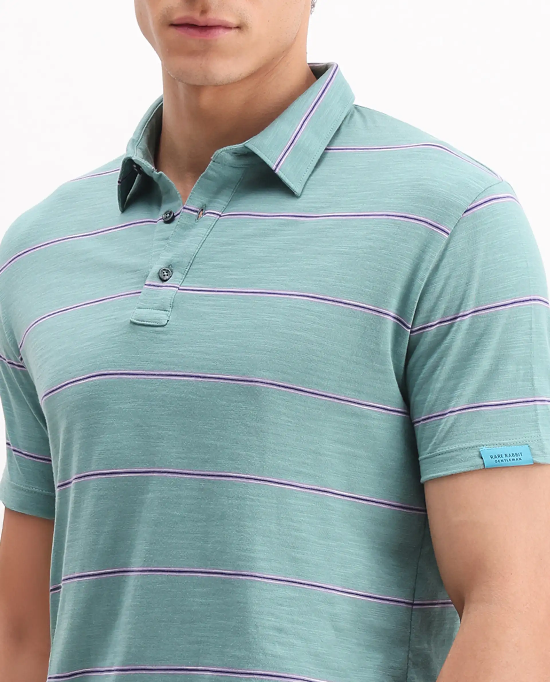 Rare Rabbit Men's Neonss Green Cotton Striped Print Regular Fit Half Sleeve Polo - Image 4