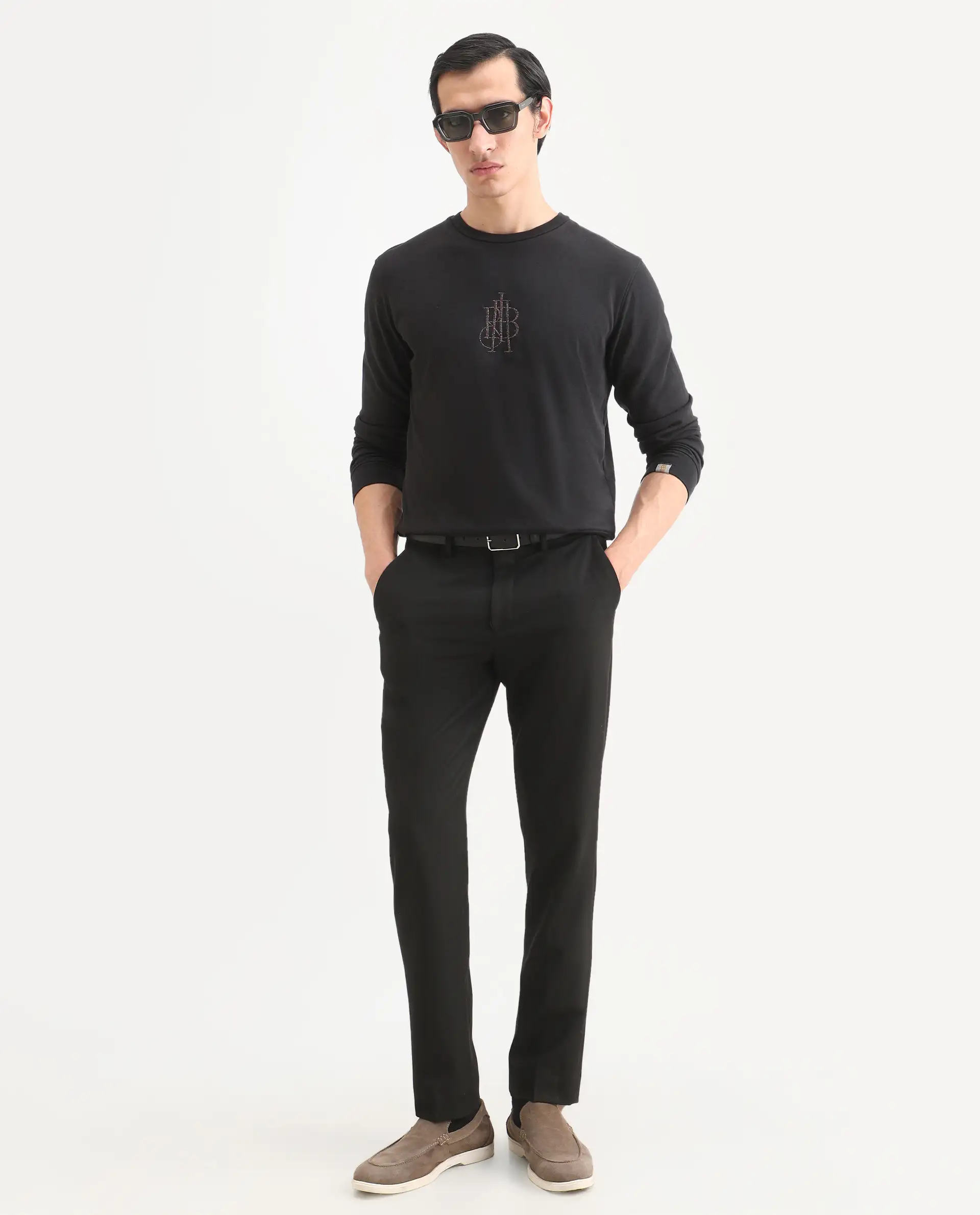 Rare Rabbit Men's Neor Black Cotton Embroidered Regular Fit Full Sleeve Crew Neck Sweatshirt - Image 2