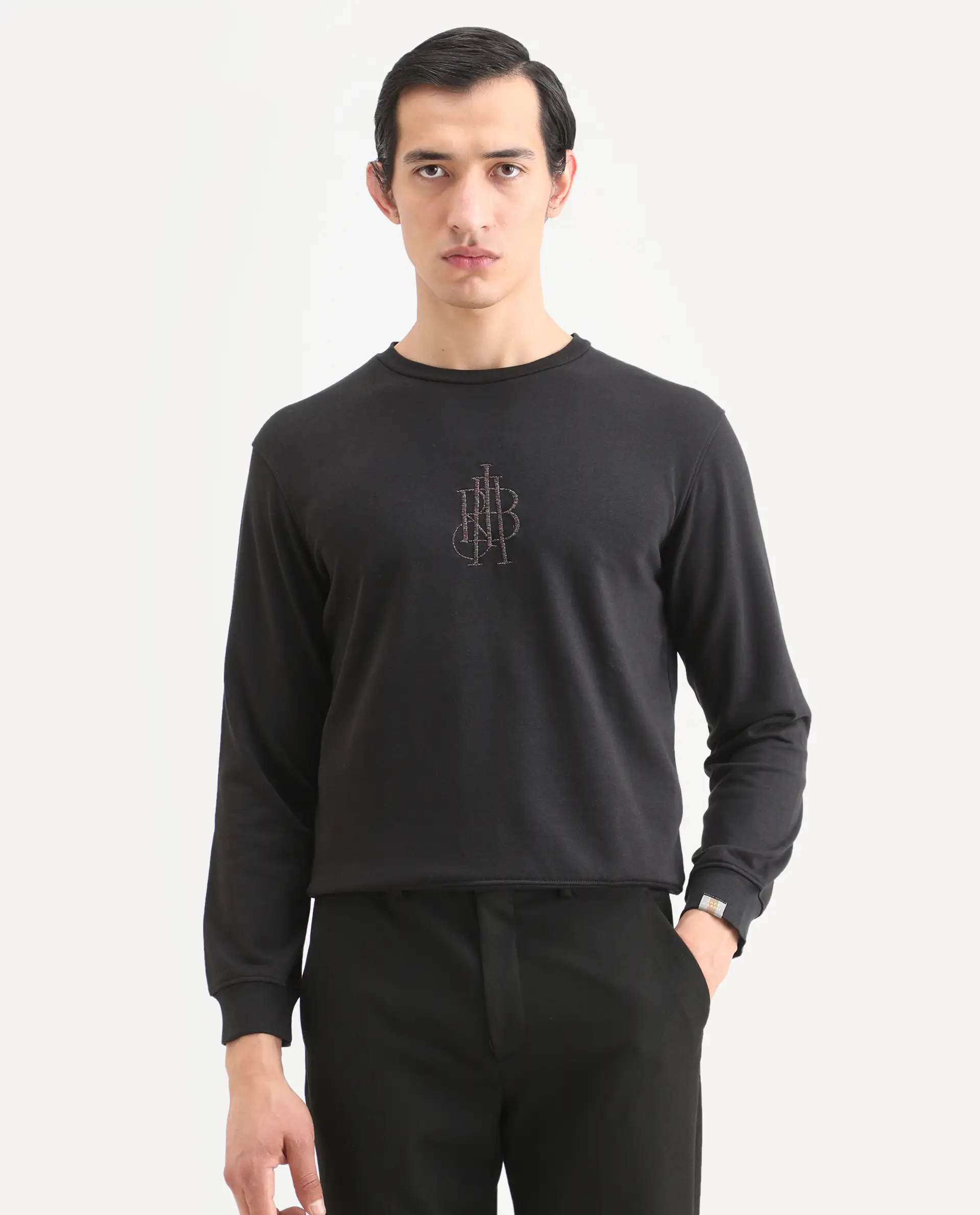 Rare Rabbit Men's Neor Black Cotton Embroidered Regular Fit Full Sleeve Crew Neck Sweatshirt - Image 3