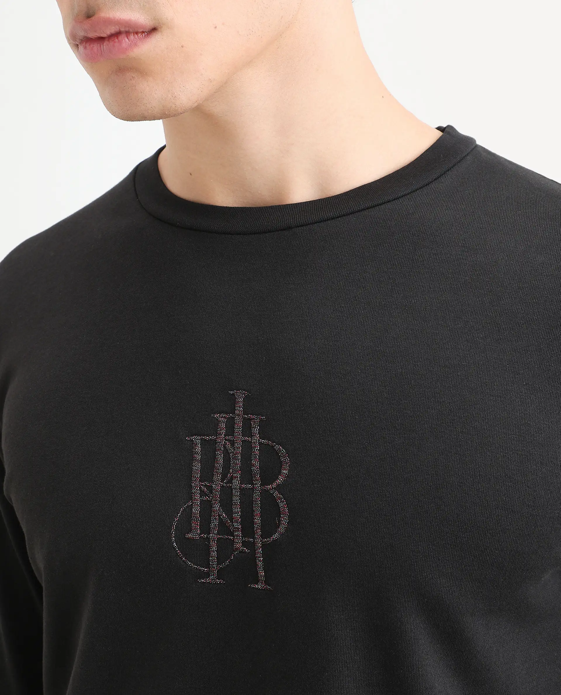 Rare Rabbit Men's Neor Black Cotton Embroidered Regular Fit Full Sleeve Crew Neck Sweatshirt - Image 4