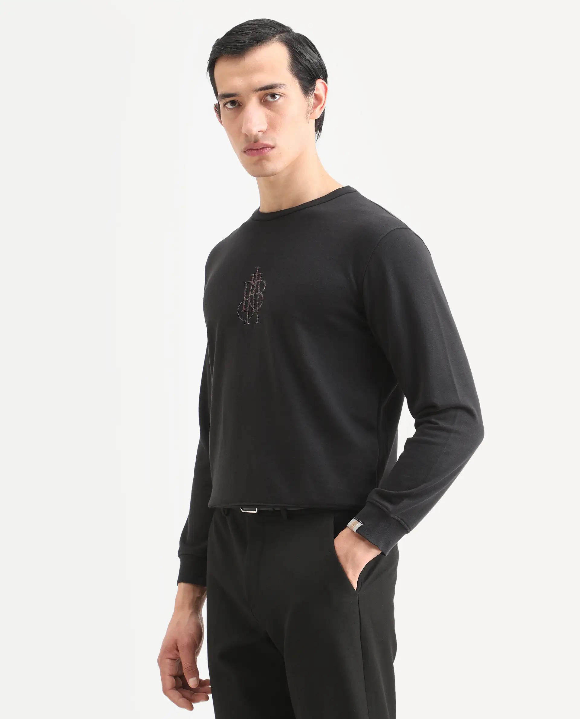 Rare Rabbit Men's Neor Black Cotton Embroidered Regular Fit Full Sleeve Crew Neck Sweatshirt - Image 5