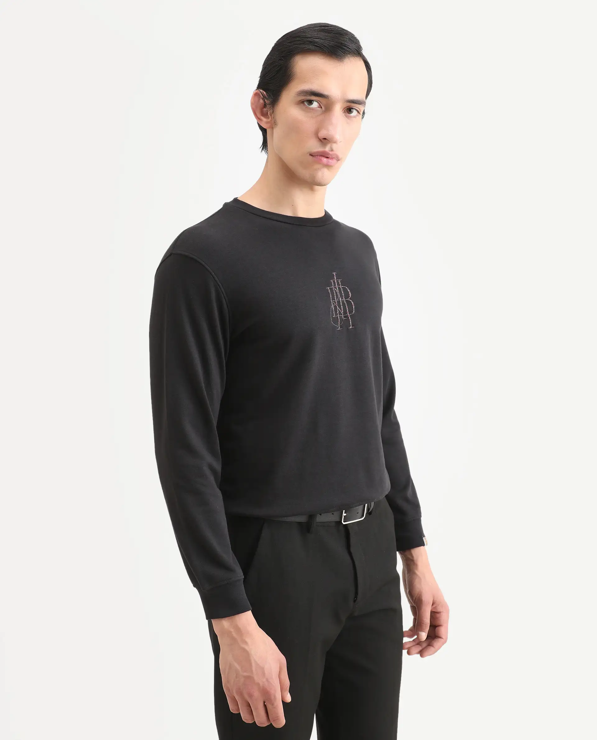 Rare Rabbit Men's Neor Black Cotton Embroidered Regular Fit Full Sleeve Crew Neck Sweatshirt - Image 6