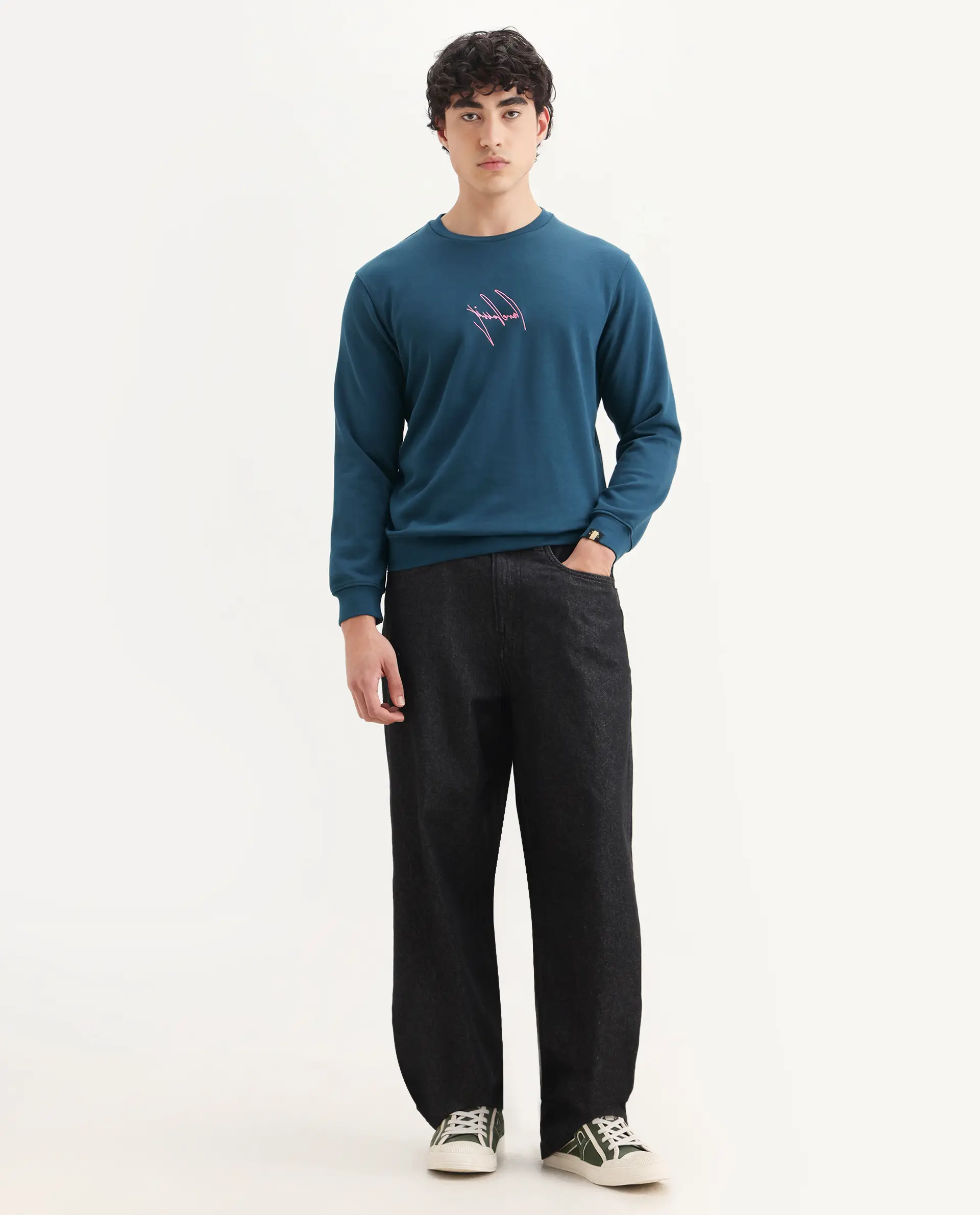 Rare Rabbit Men's Neos Petrol Cotton Embroidered Regular Fit Full Sleeve Crew Neck Sweatshirt - Image 2