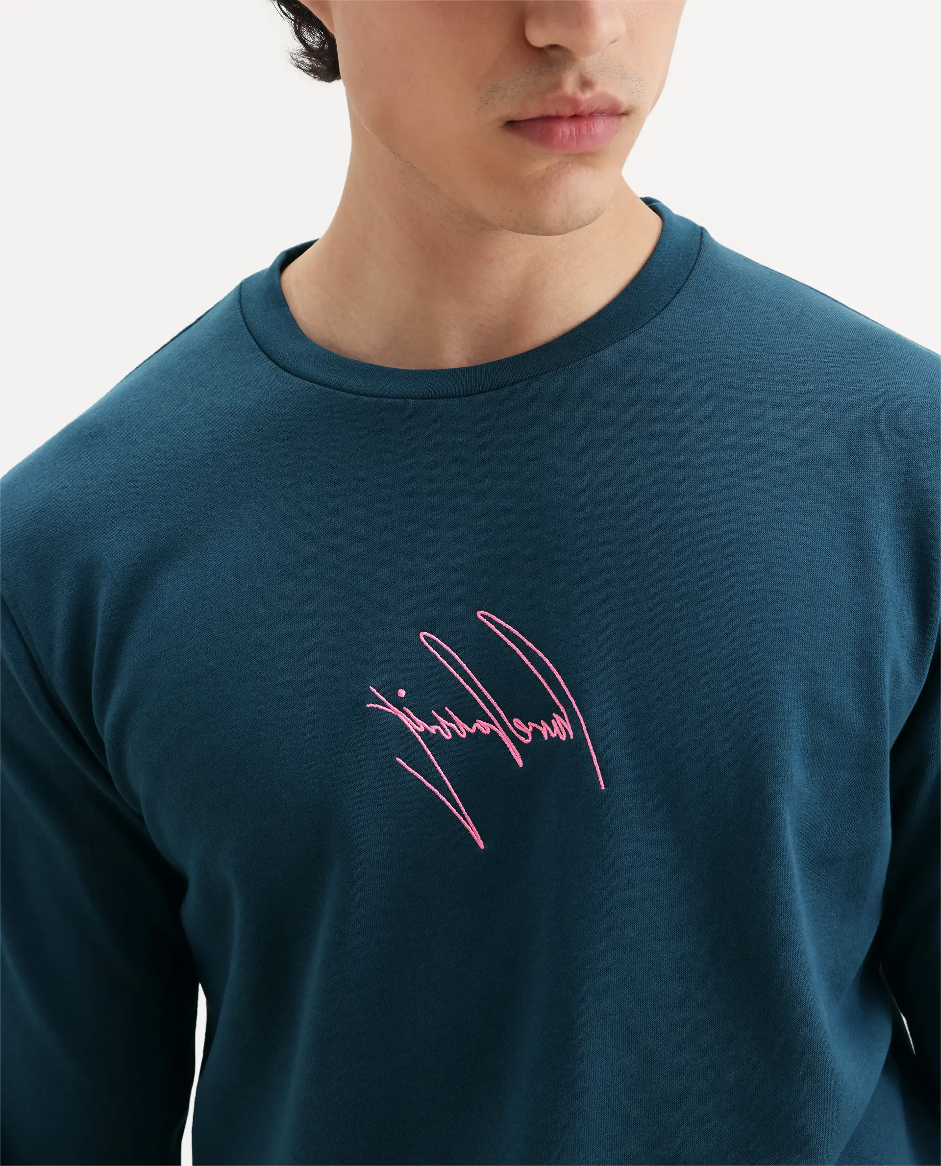 Rare Rabbit Men's Neos Petrol Cotton Embroidered Regular Fit Full Sleeve Crew Neck Sweatshirt - Image 3