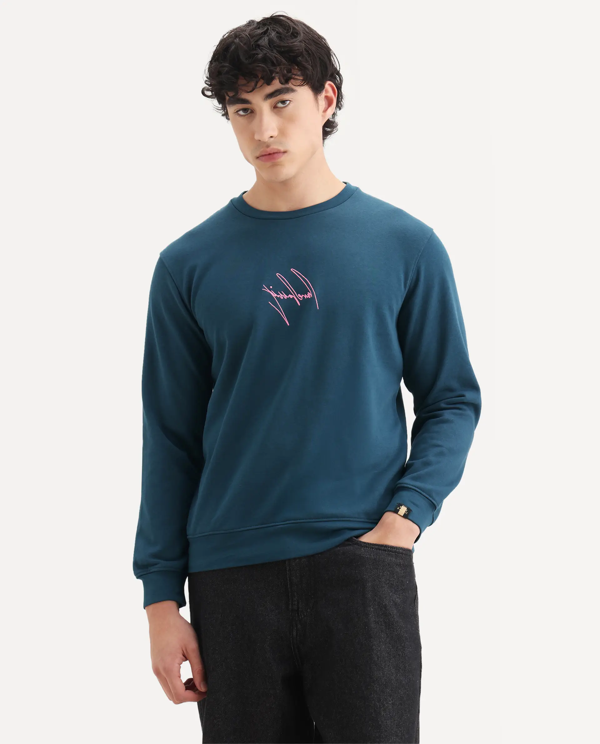 Rare Rabbit Men's Neos Petrol Cotton Embroidered Regular Fit Full Sleeve Crew Neck Sweatshirt - Image 4