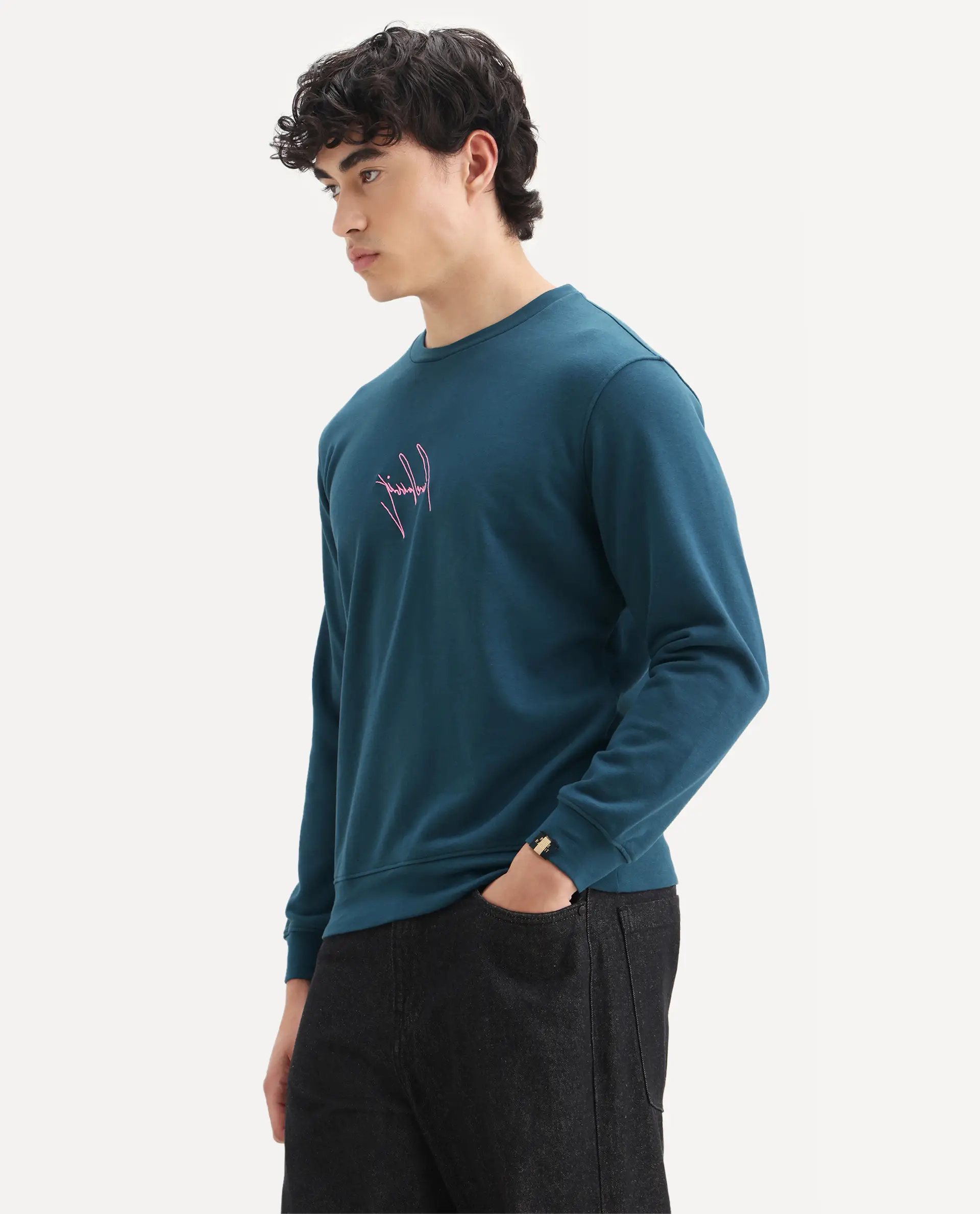 Rare Rabbit Men's Neos Petrol Cotton Embroidered Regular Fit Full Sleeve Crew Neck Sweatshirt - Image 5