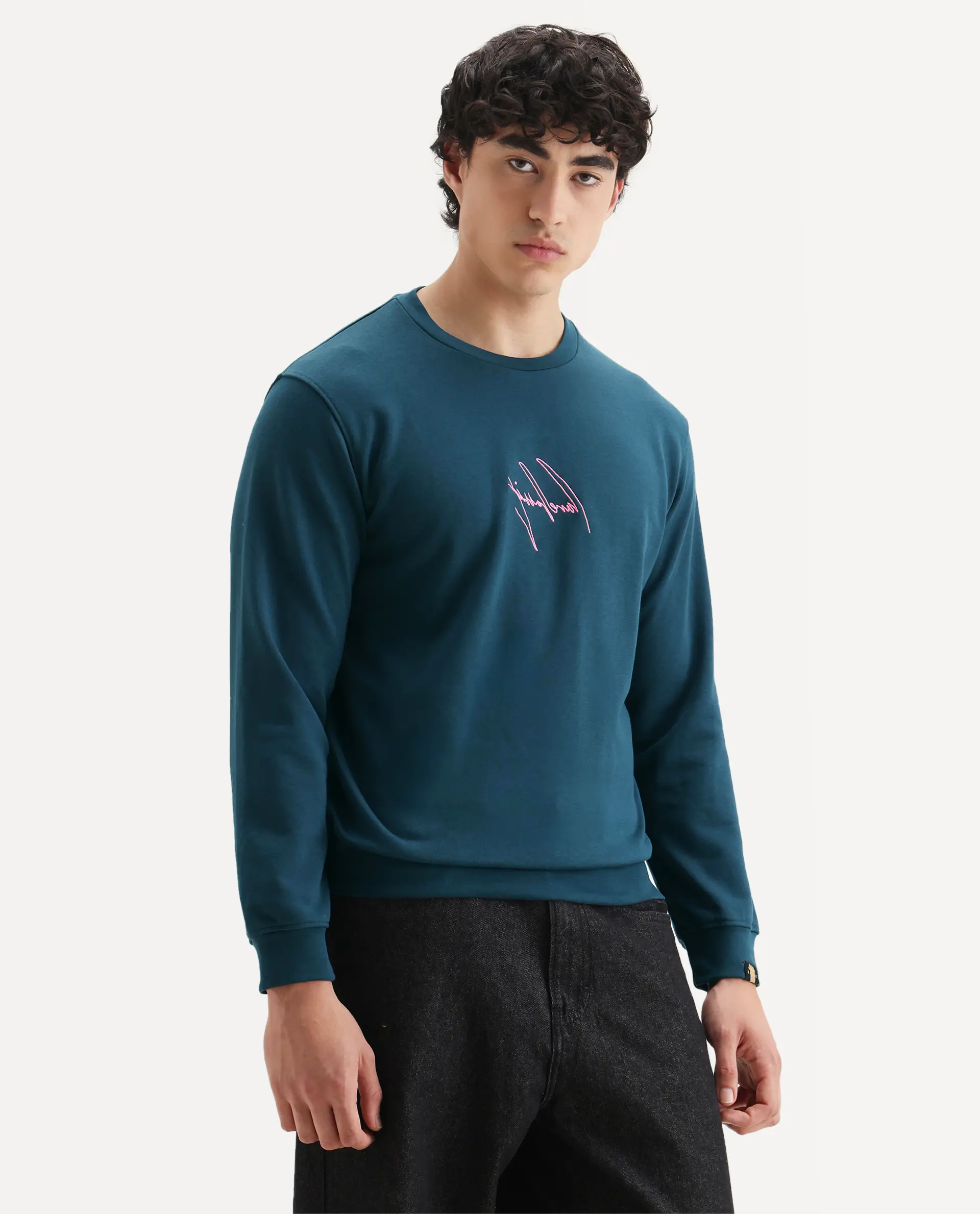 Rare Rabbit Men's Neos Petrol Cotton Embroidered Regular Fit Full Sleeve Crew Neck Sweatshirt - Image 6