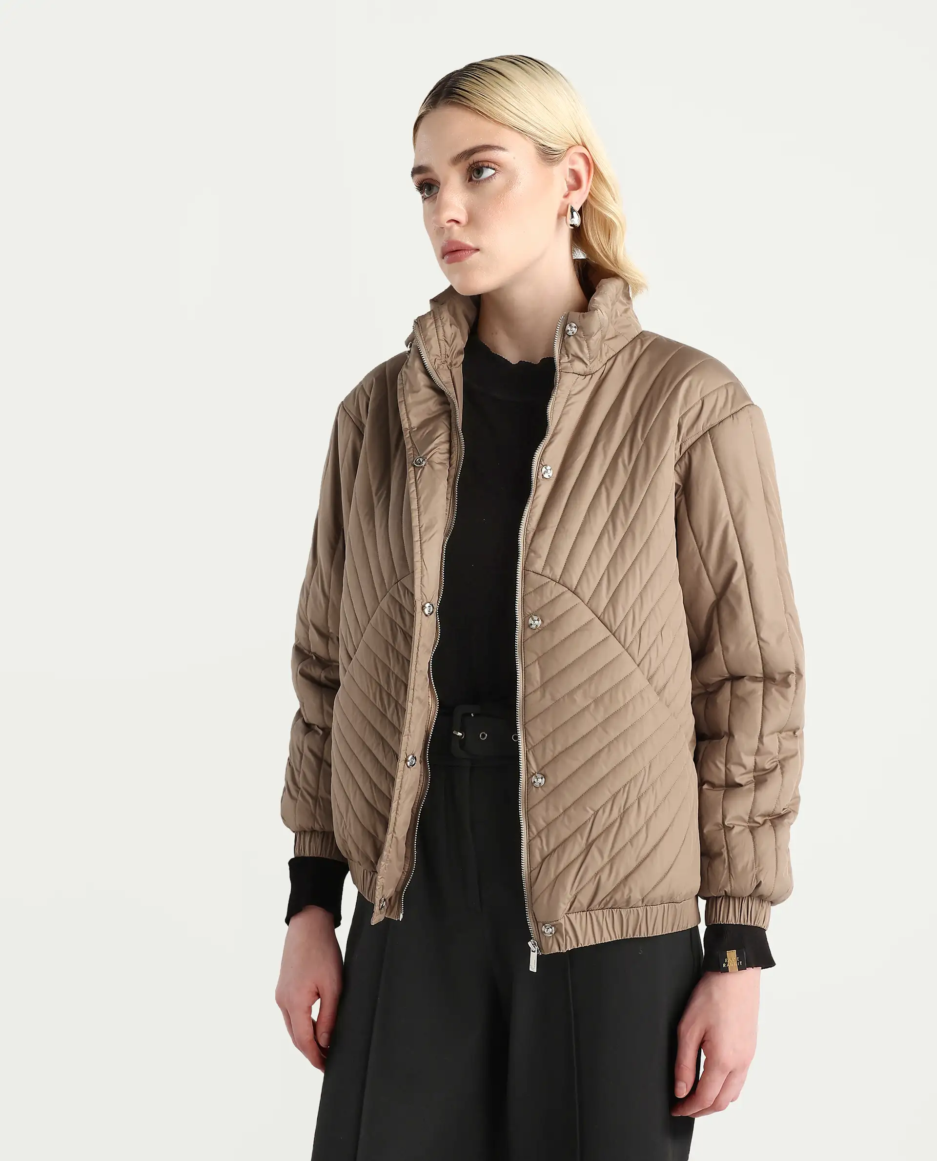 Rareism Women's Nepuf Beige Polyester Regular Sleeve High Neck Regular Fit Plain Jacket - Image 2