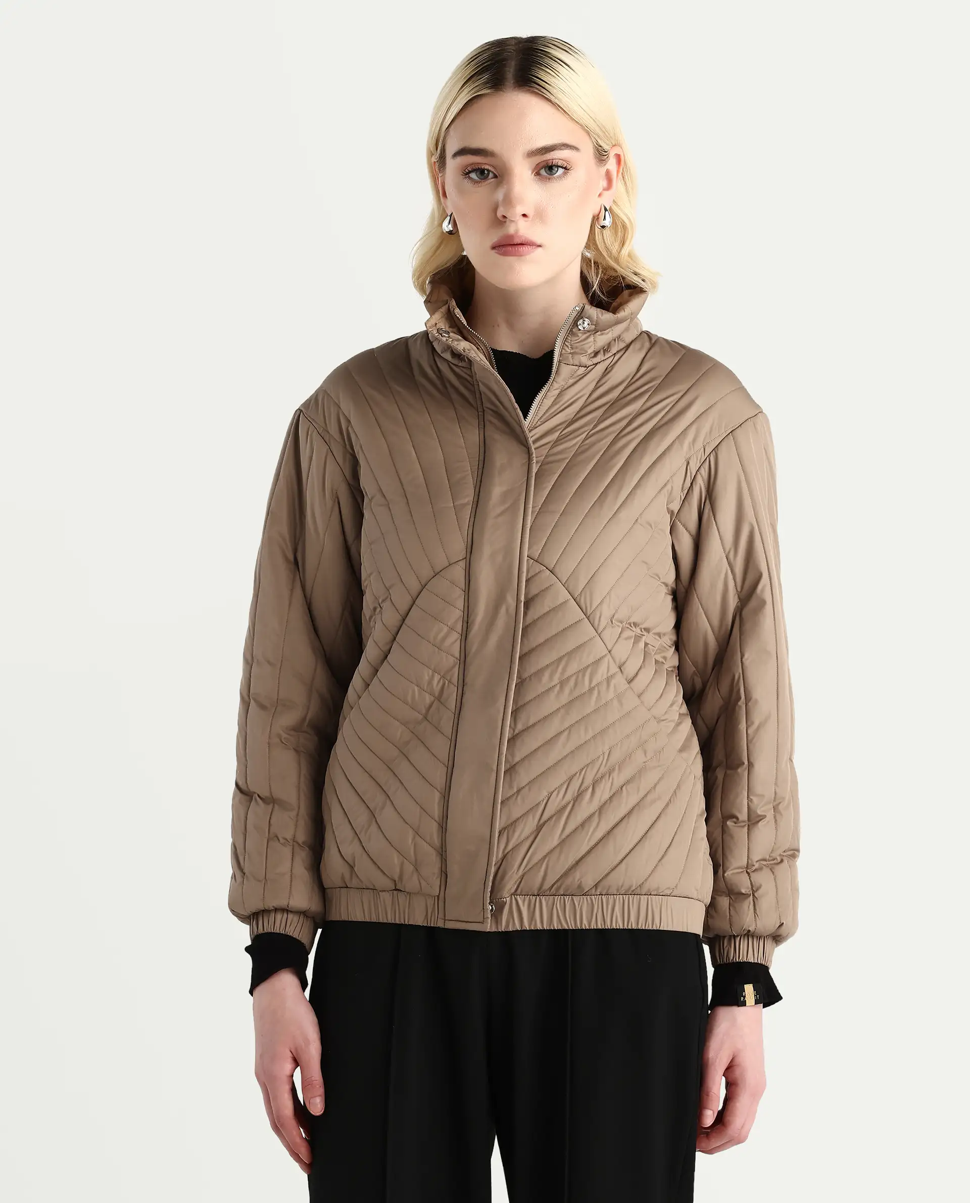 Rareism Women's Nepuf Beige Polyester Regular Sleeve High Neck Regular Fit Plain Jacket - Image 3