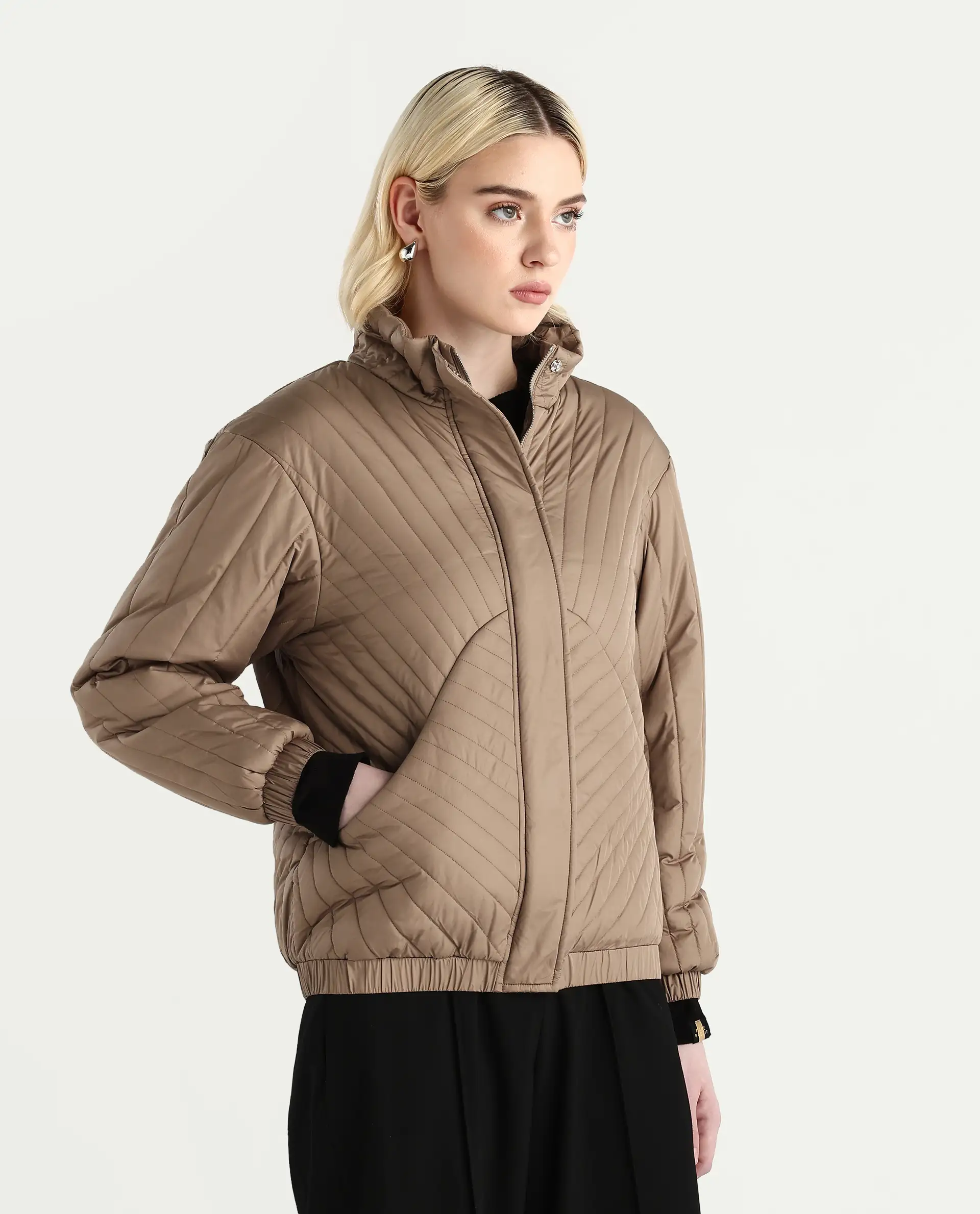 Rareism Women's Nepuf Beige Polyester Regular Sleeve High Neck Regular Fit Plain Jacket - Image 4