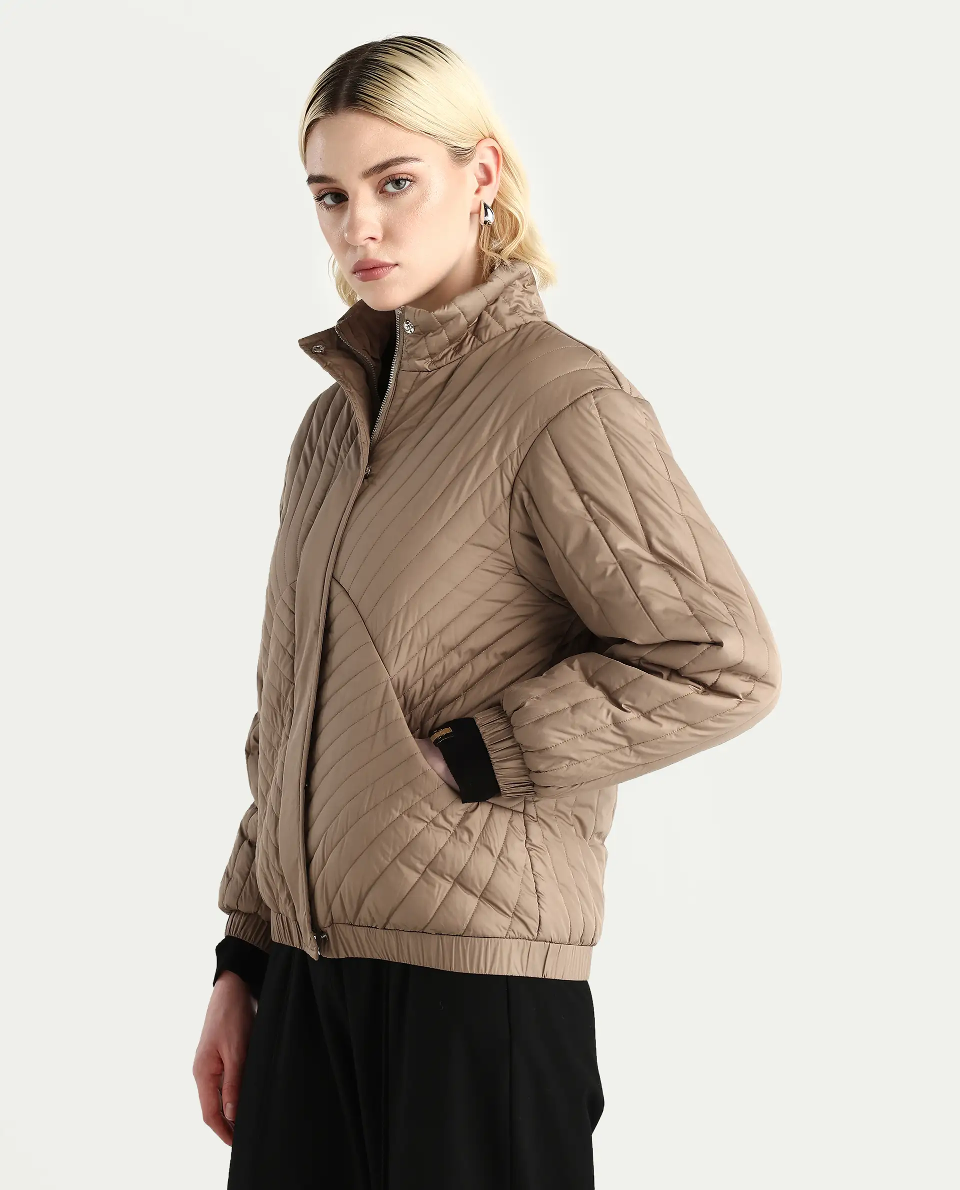 Rareism Women's Nepuf Beige Polyester Regular Sleeve High Neck Regular Fit Plain Jacket - Image 5