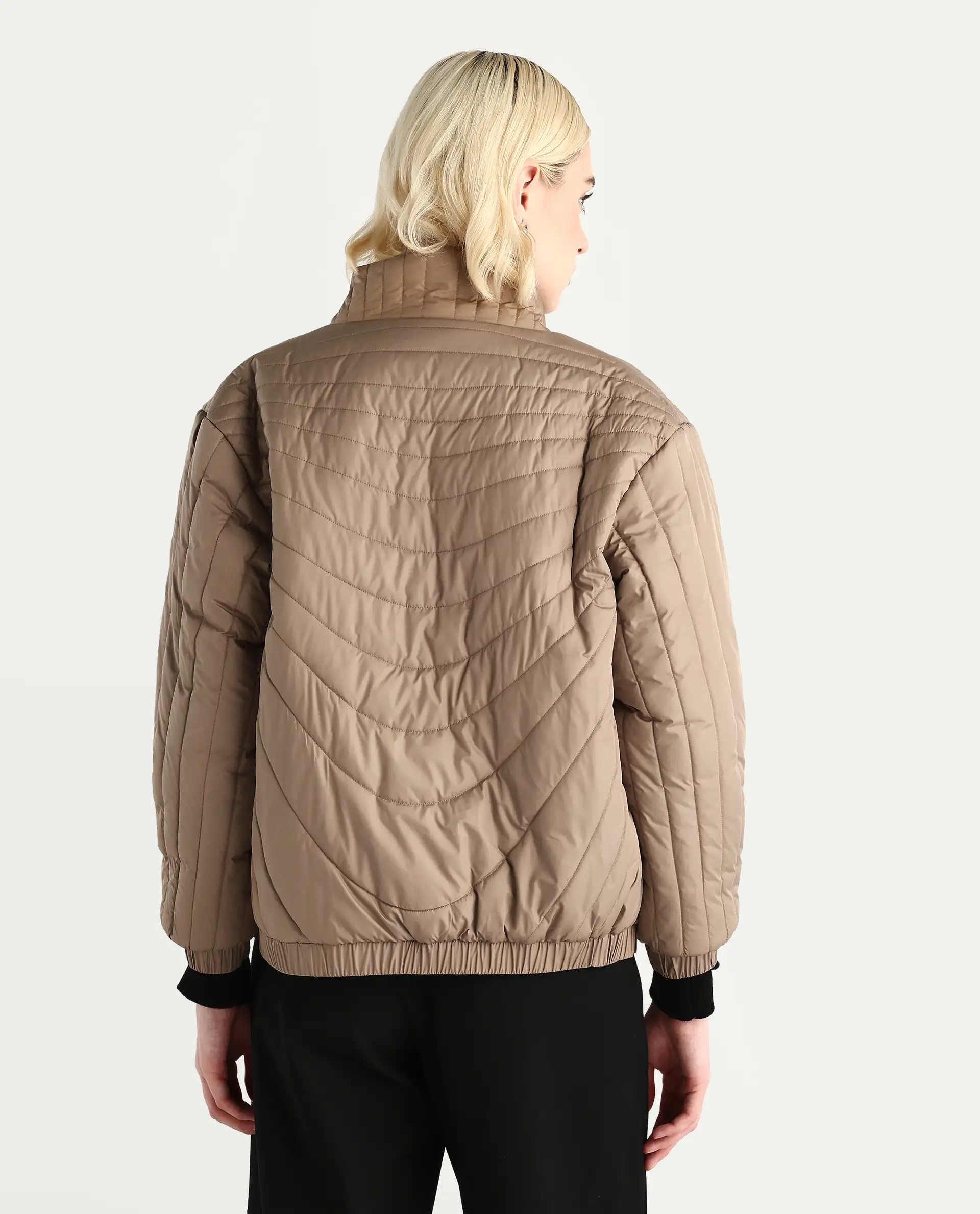 Rareism Women's Nepuf Beige Polyester Regular Sleeve High Neck Regular Fit Plain Jacket - Image 7