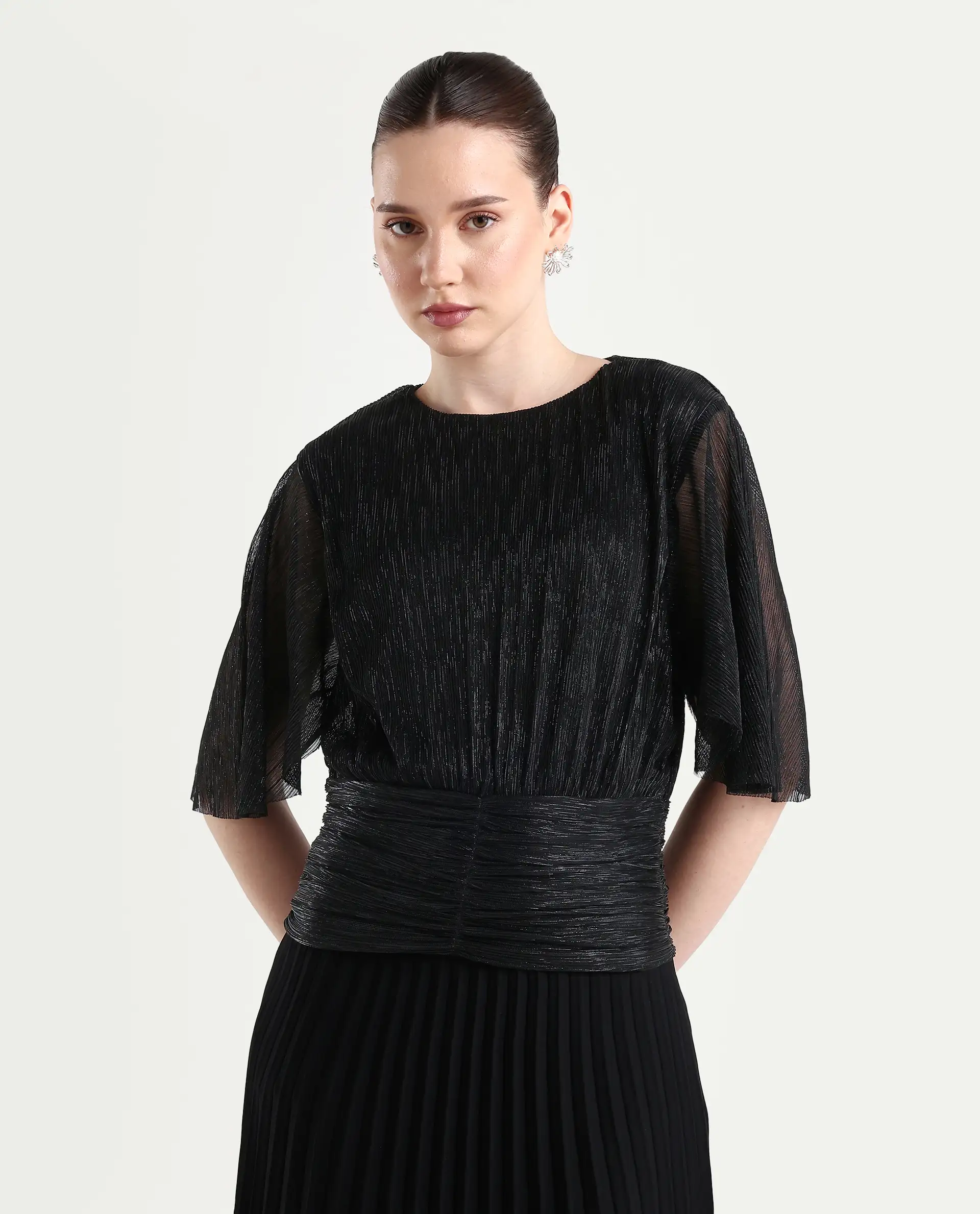 Rareism Women's Nergi Metalic Black Polyester V-Neck Shimmer Puff Sleeves Regular Fit Top - Image 3