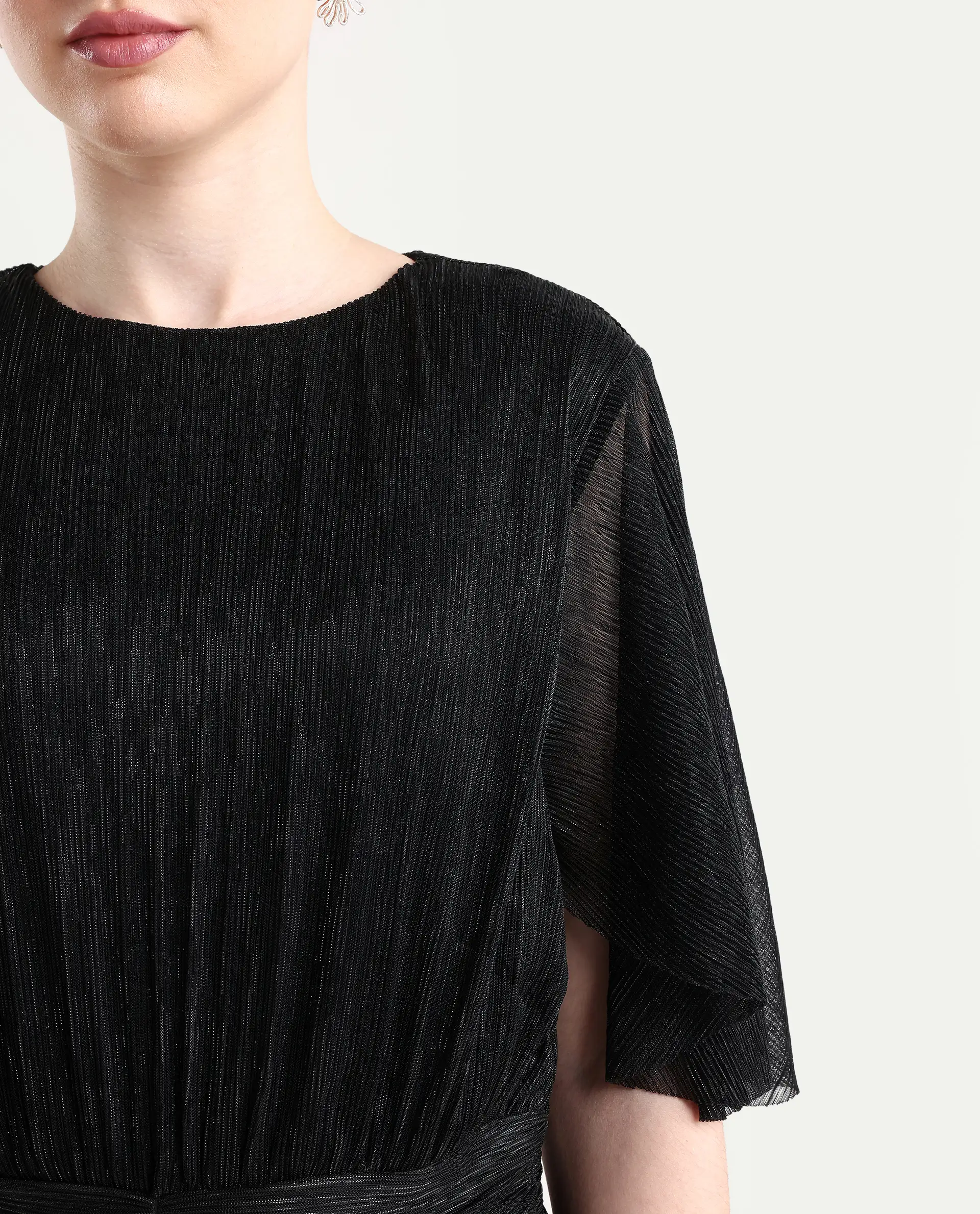 Rareism Women's Nergi Metalic Black Polyester V-Neck Shimmer Puff Sleeves Regular Fit Top - Image 4