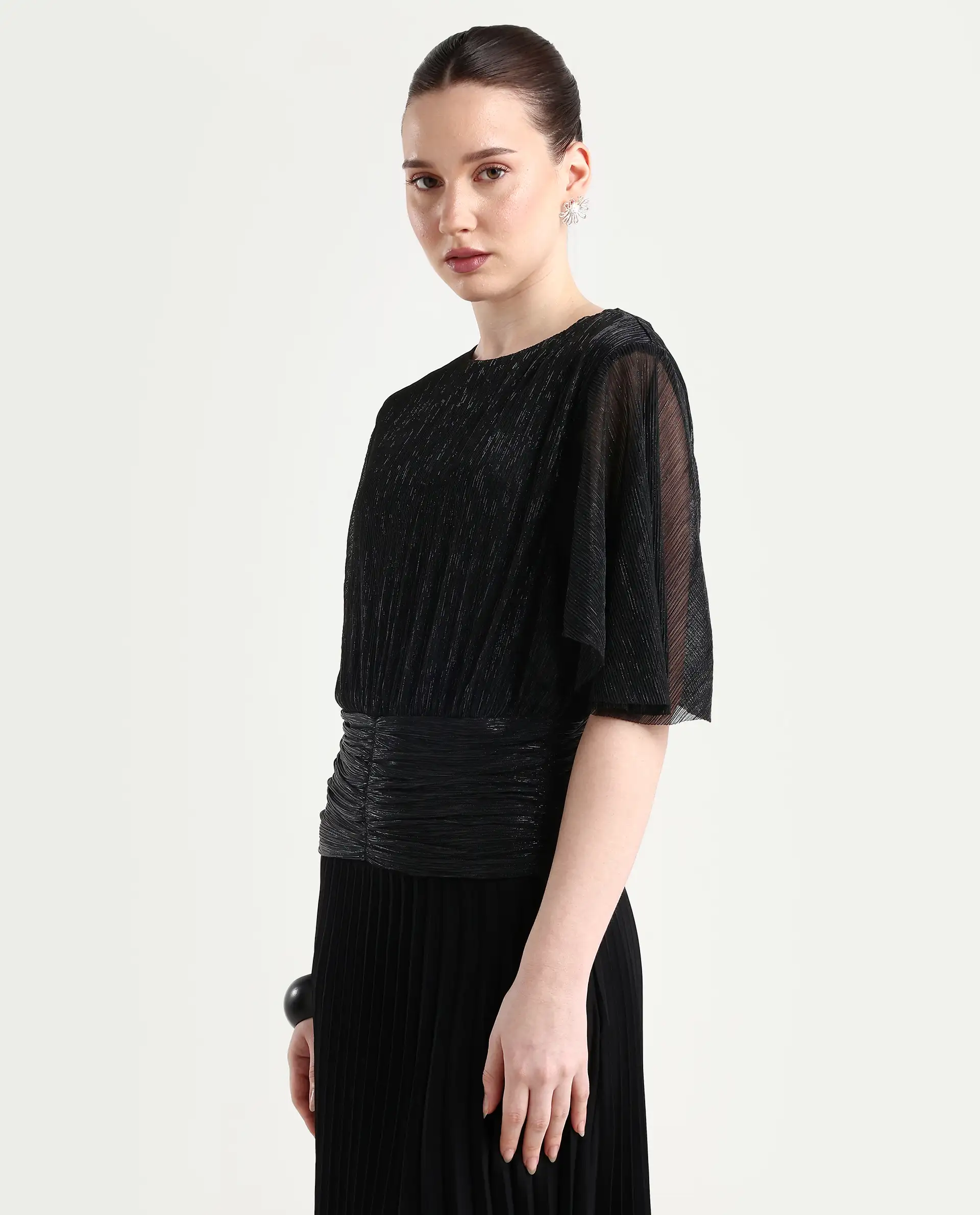 Rareism Women's Nergi Metalic Black Polyester V-Neck Shimmer Puff Sleeves Regular Fit Top - Image 5