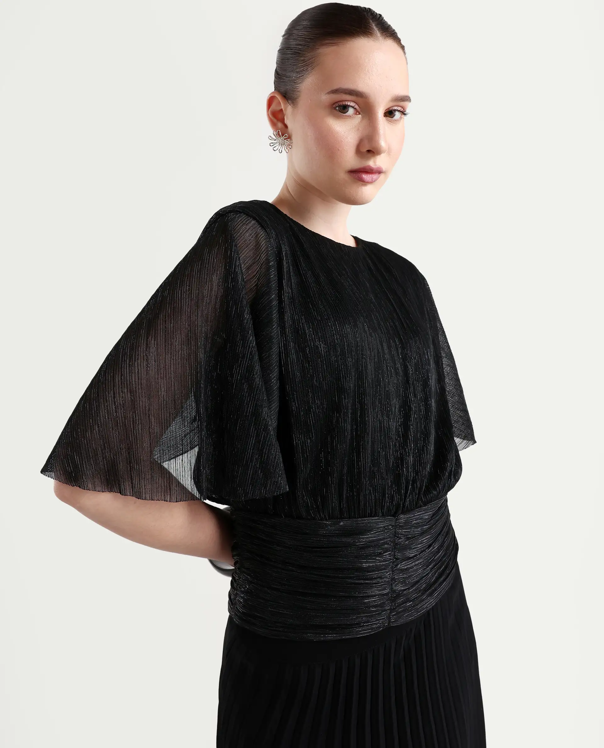 Rareism Women's Nergi Metalic Black Polyester V-Neck Shimmer Puff Sleeves Regular Fit Top - Image 6