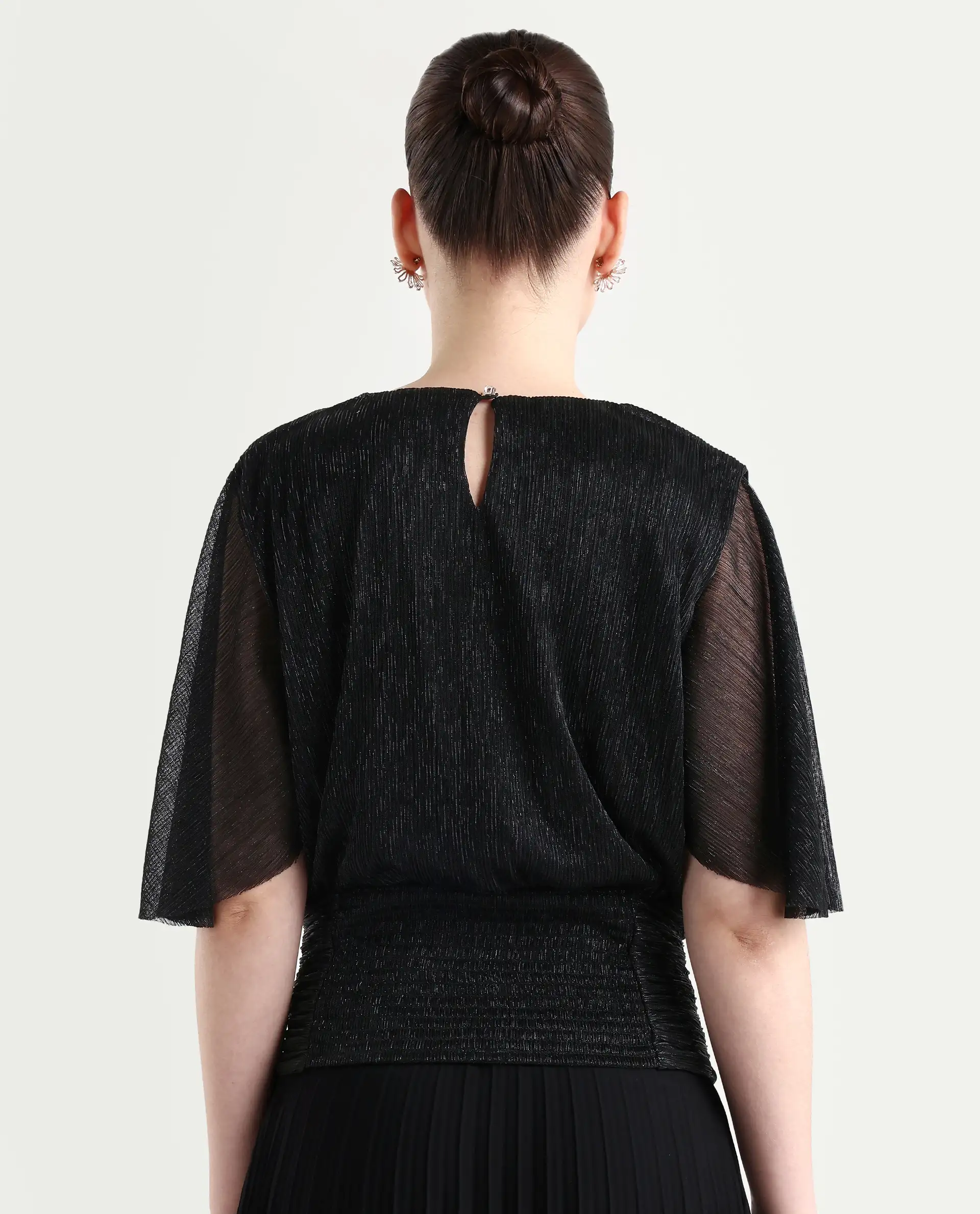 Rareism Women's Nergi Metalic Black Polyester V-Neck Shimmer Puff Sleeves Regular Fit Top - Image 7