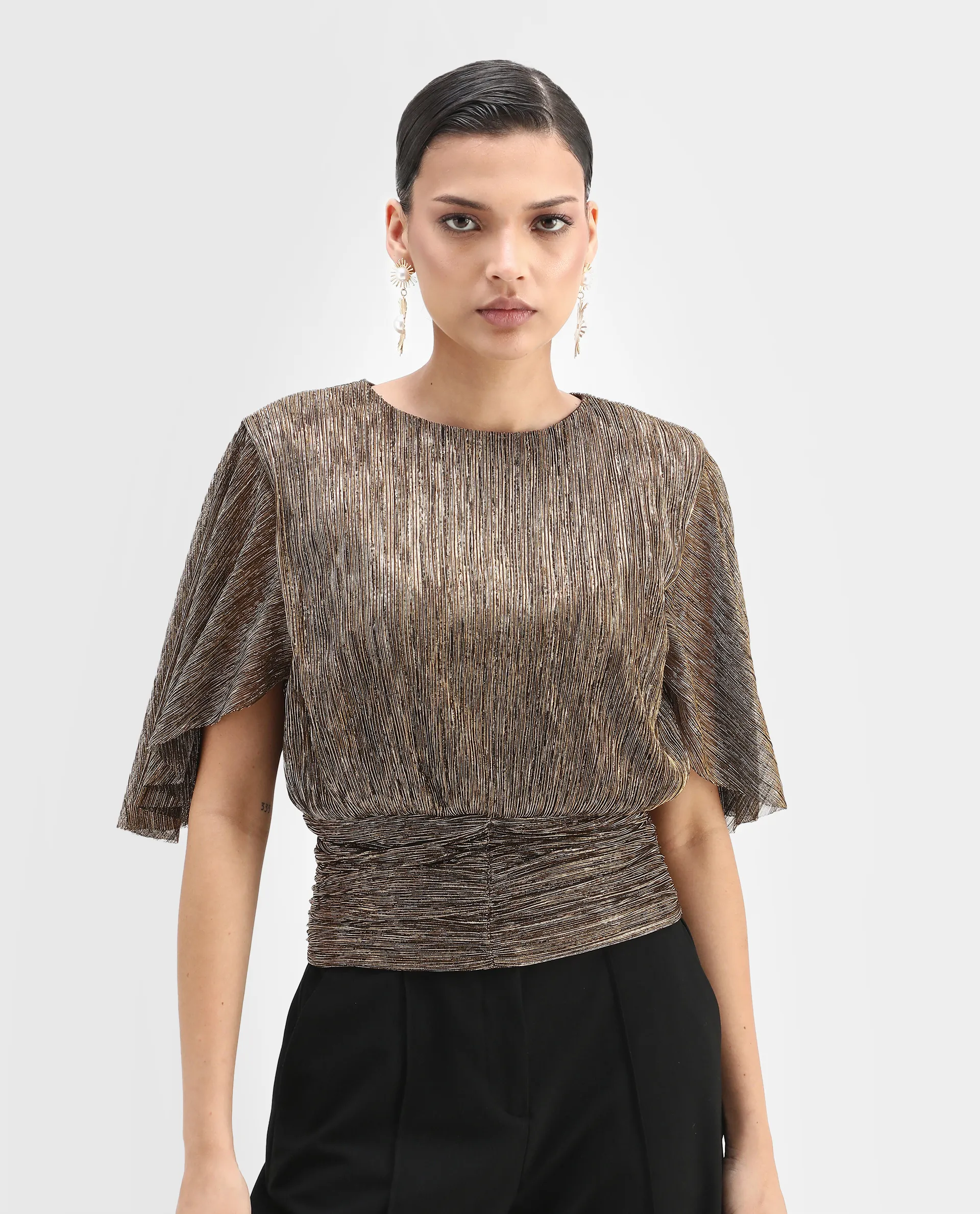 Rareism Women's Nergi Metalic Gold Polyester V-Neck Shimmer Puff Sleeves Regular Fit Top - Image 3