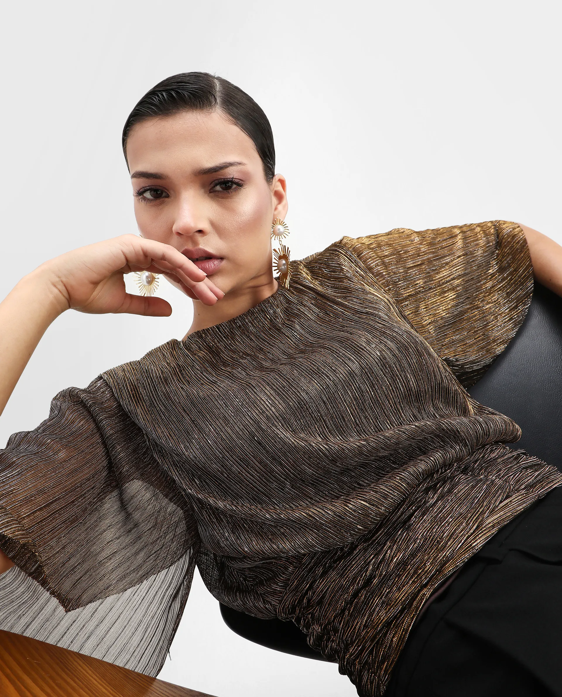 Rareism Women's Nergi Metalic Gold Polyester V-Neck Shimmer Puff Sleeves Regular Fit Top - Image 4