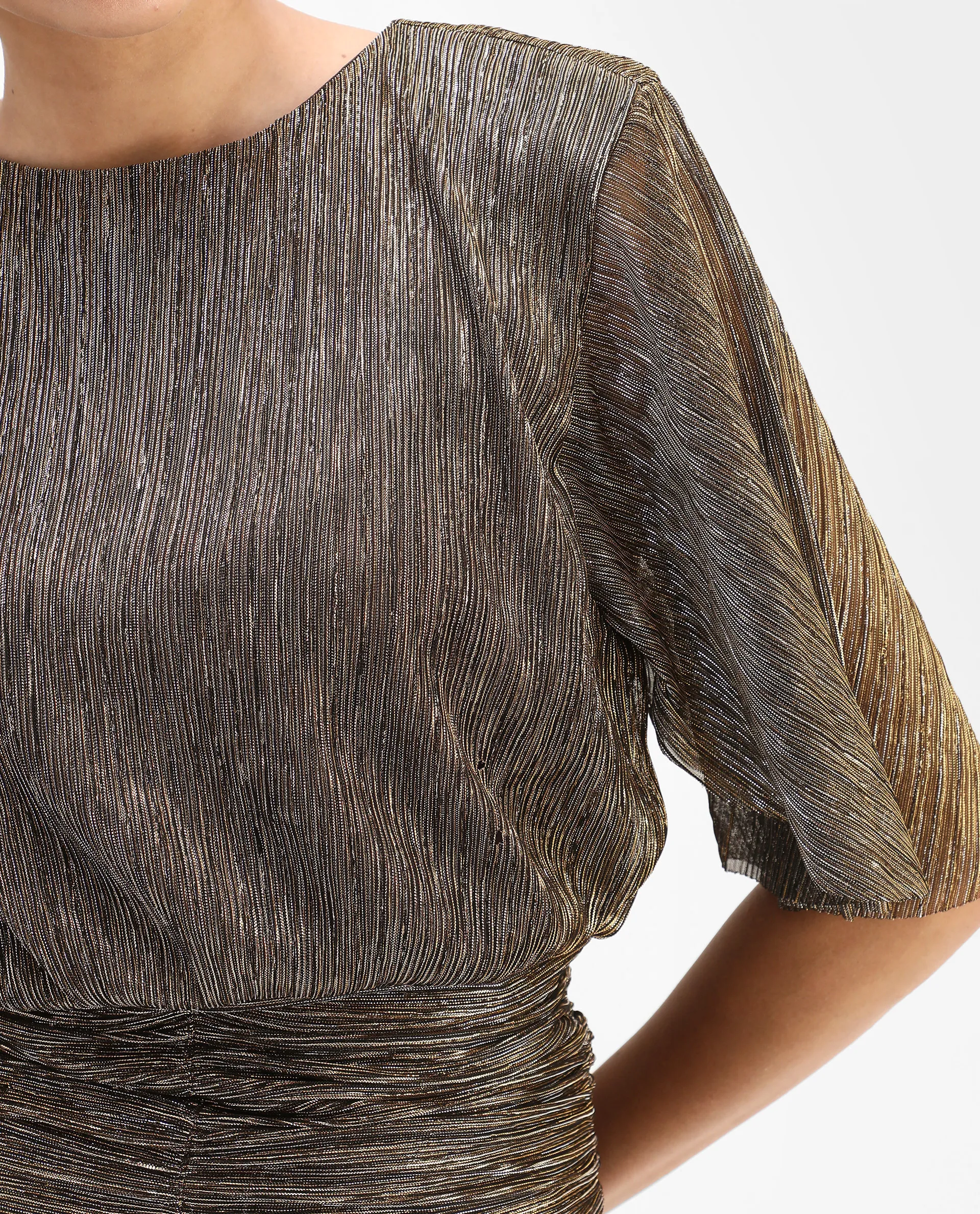 Rareism Women's Nergi Metalic Gold Polyester V-Neck Shimmer Puff Sleeves Regular Fit Top - Image 5