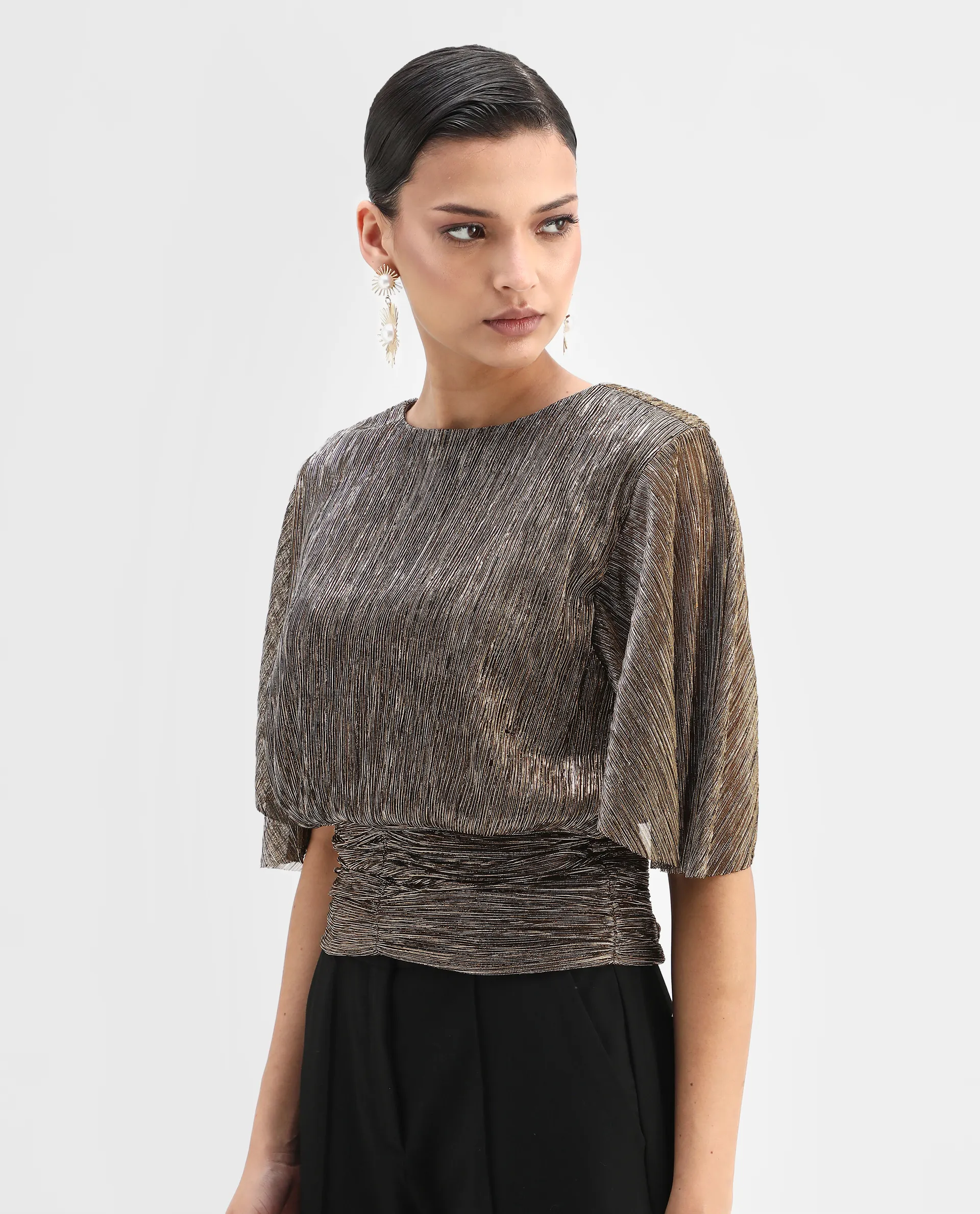 Rareism Women's Nergi Metalic Gold Polyester V-Neck Shimmer Puff Sleeves Regular Fit Top - Image 6