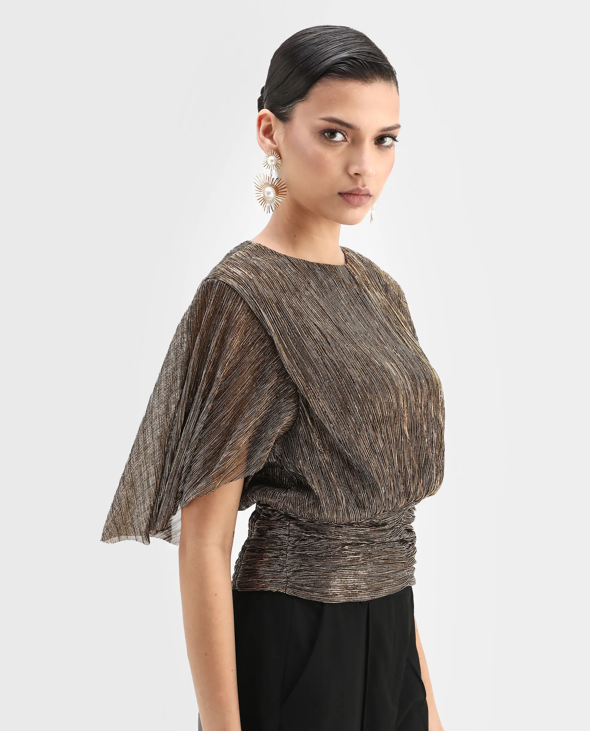Rareism Women's Nergi Metalic Gold Polyester V-Neck Shimmer Puff Sleeves Regular Fit Top - Image 7