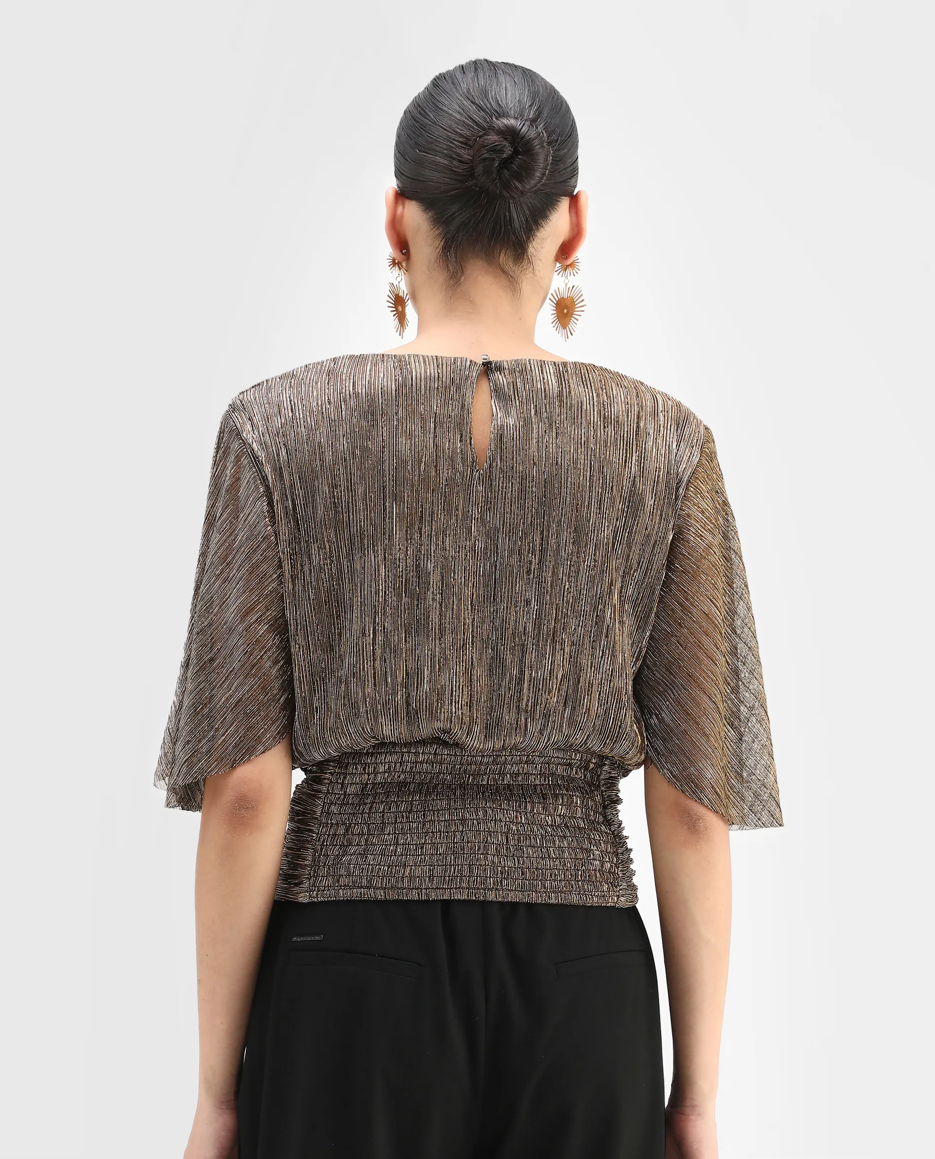 Rareism Women's Nergi Metalic Gold Polyester V-Neck Shimmer Puff Sleeves Regular Fit Top - Image 8