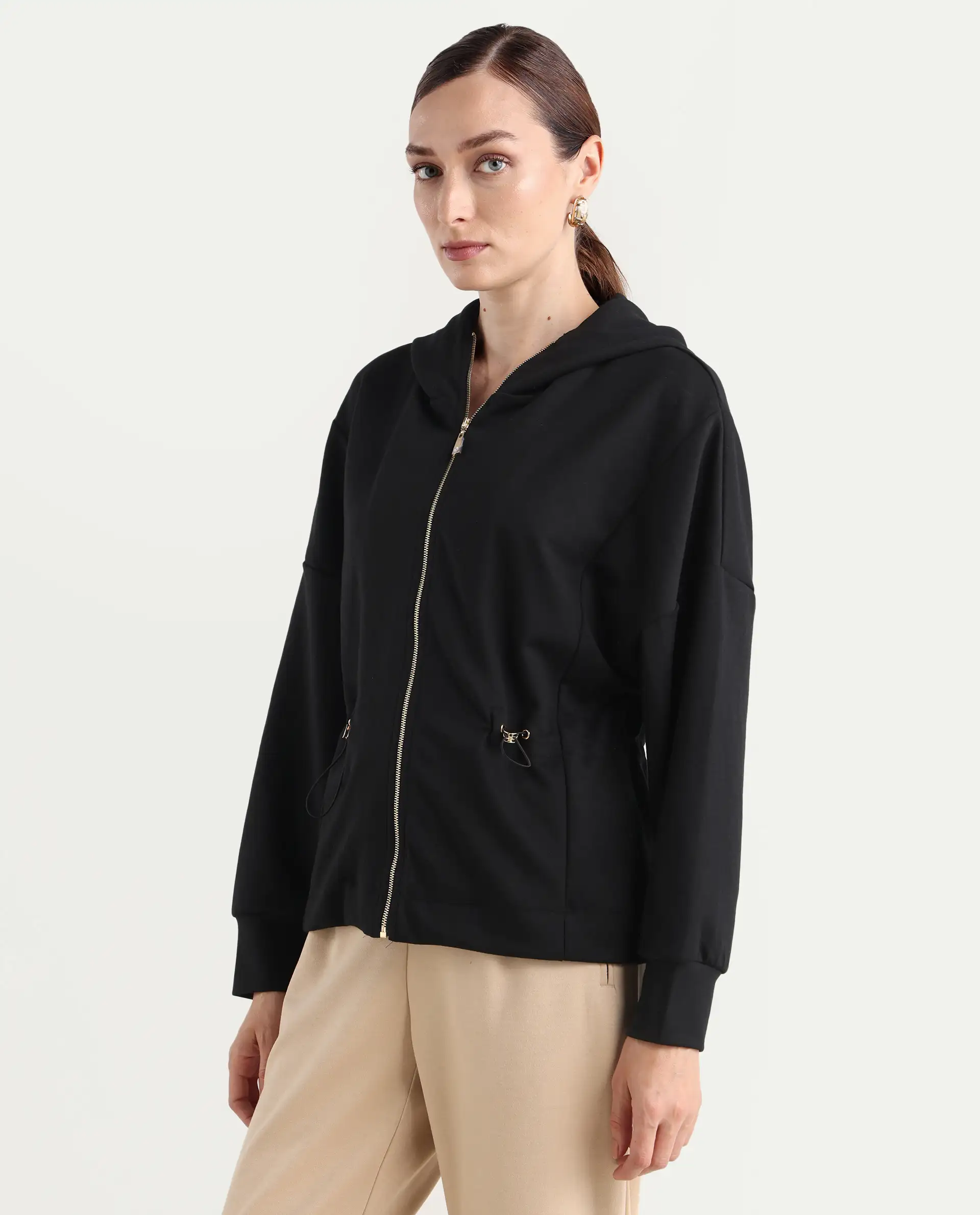 Rareism Women's Nerlo Black Modal Blend Fabric Hooded Relaxed Fit Printed Sweatshirt - Image 4