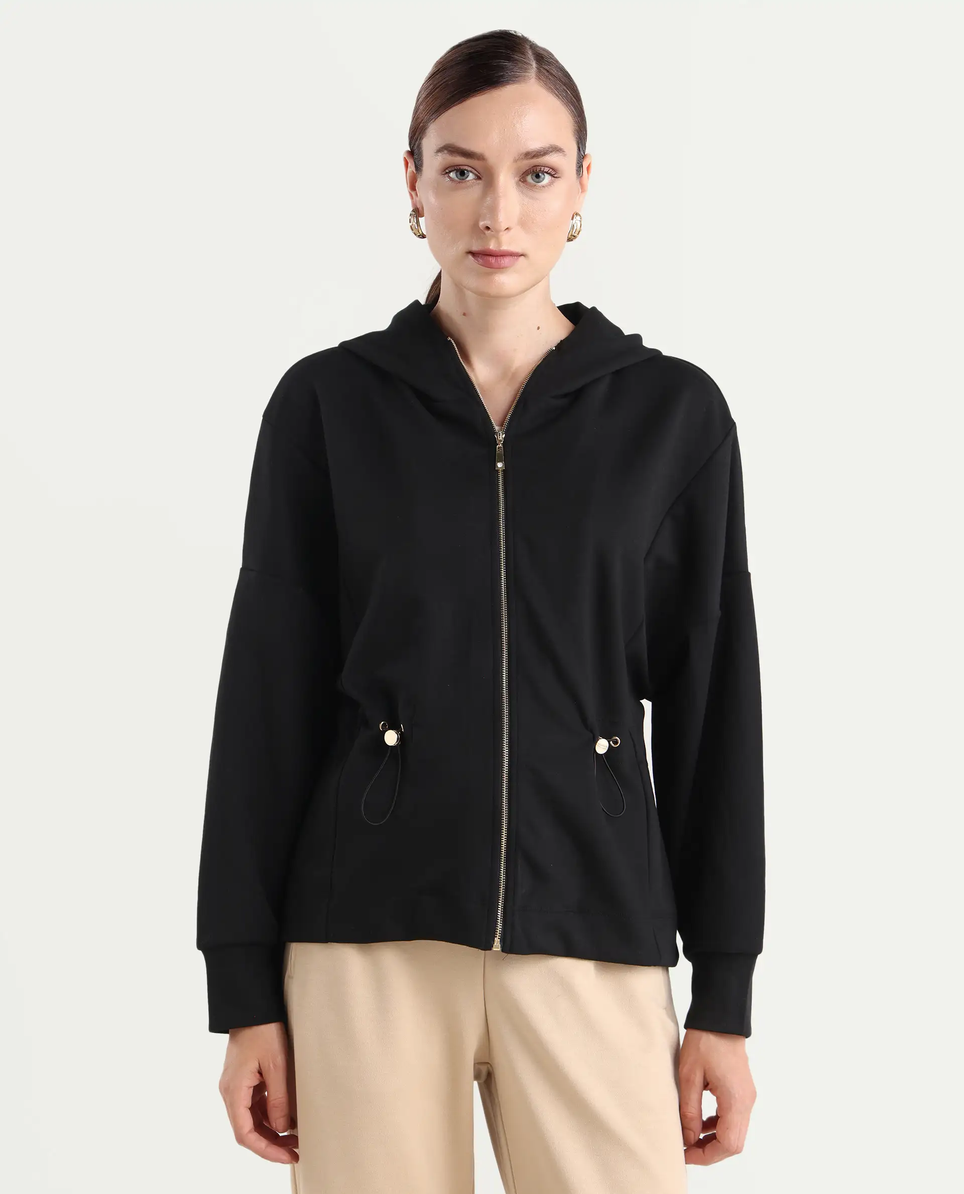 Rareism Women's Nerlo Black Modal Blend Fabric Hooded Relaxed Fit Printed Sweatshirt - Image 7