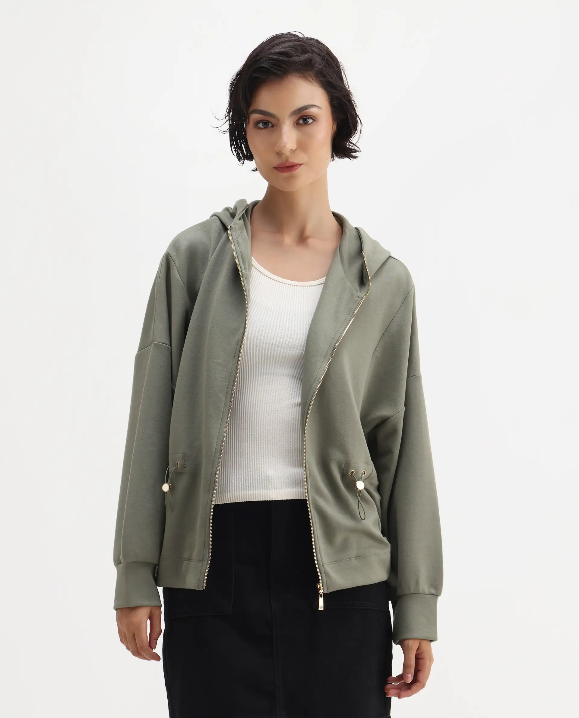 Rareism Women's Nerlo Dusky Green Modal Blend Hooded Relaxed Fit Printed Sweatshirt - Image 3
