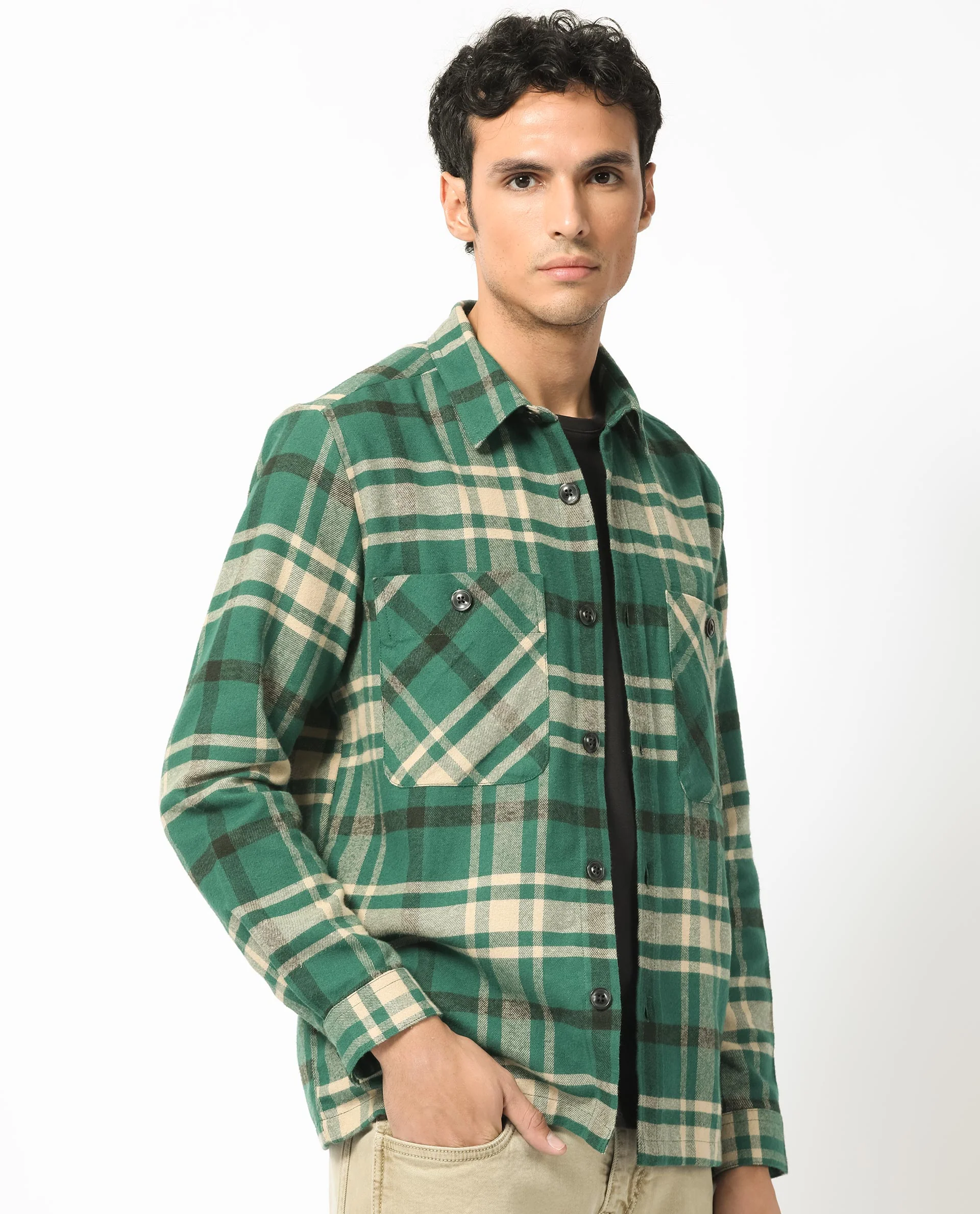 Rare Rabbit Men's Nero Dark Green Cotton Checked Print Relaxed Fit Full Sleeve Spread Collar Shacket - Image 10