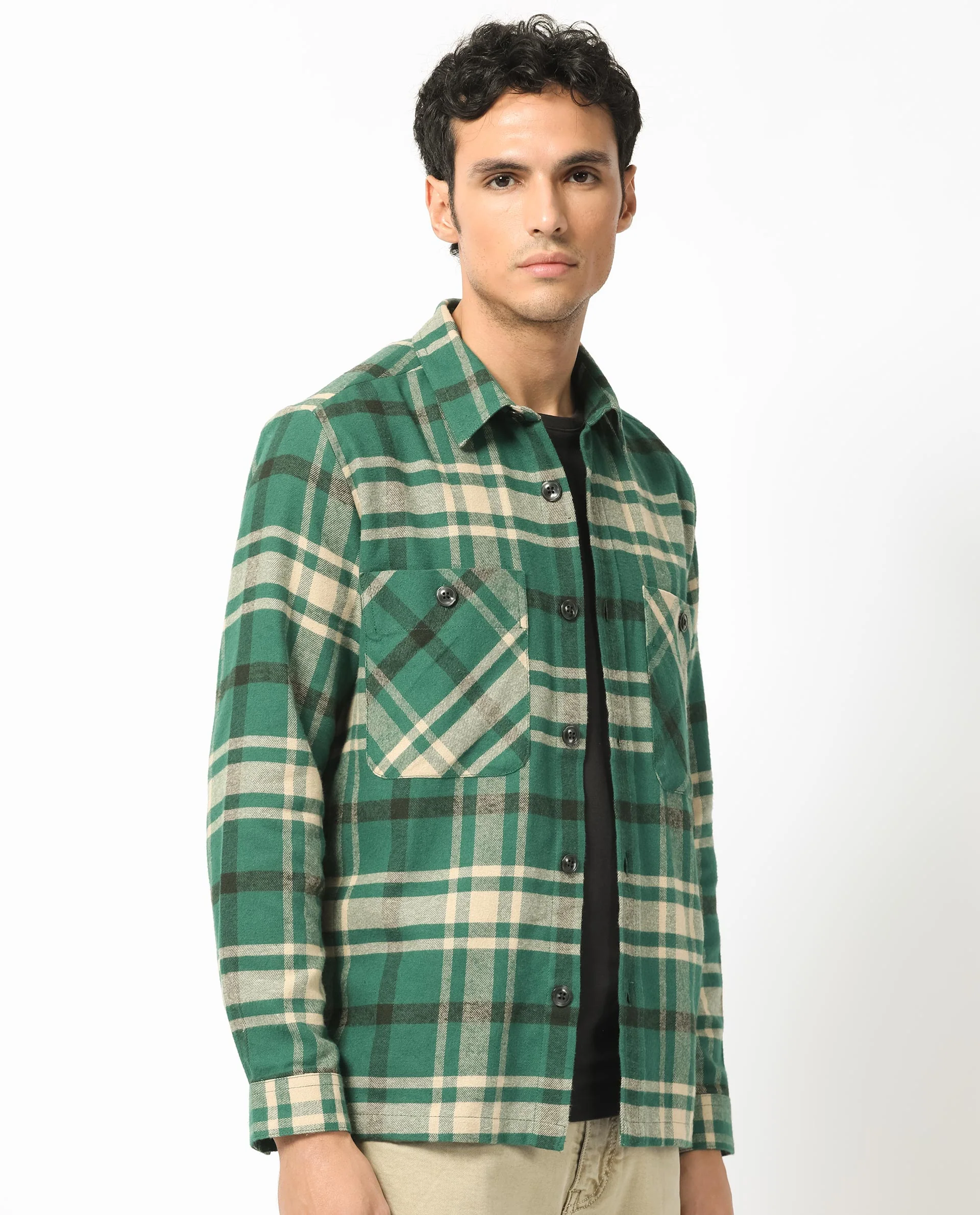 Rare Rabbit Men's Nero Dark Green Cotton Checked Print Relaxed Fit Full Sleeve Spread Collar Shacket - Image 2