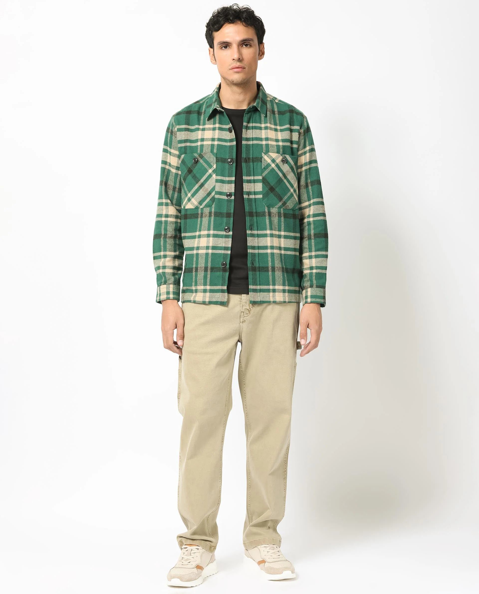Rare Rabbit Men's Nero Dark Green Cotton Checked Print Relaxed Fit Full Sleeve Spread Collar Shacket - Image 3