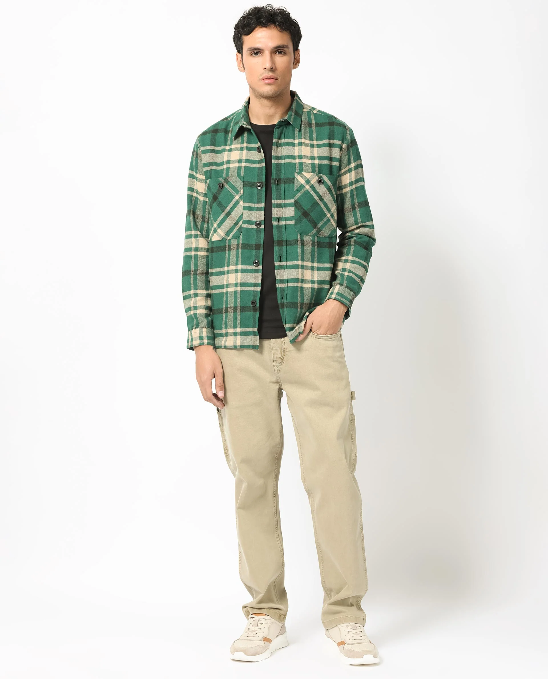 Rare Rabbit Men's Nero Dark Green Cotton Checked Print Relaxed Fit Full Sleeve Spread Collar Shacket - Image 4