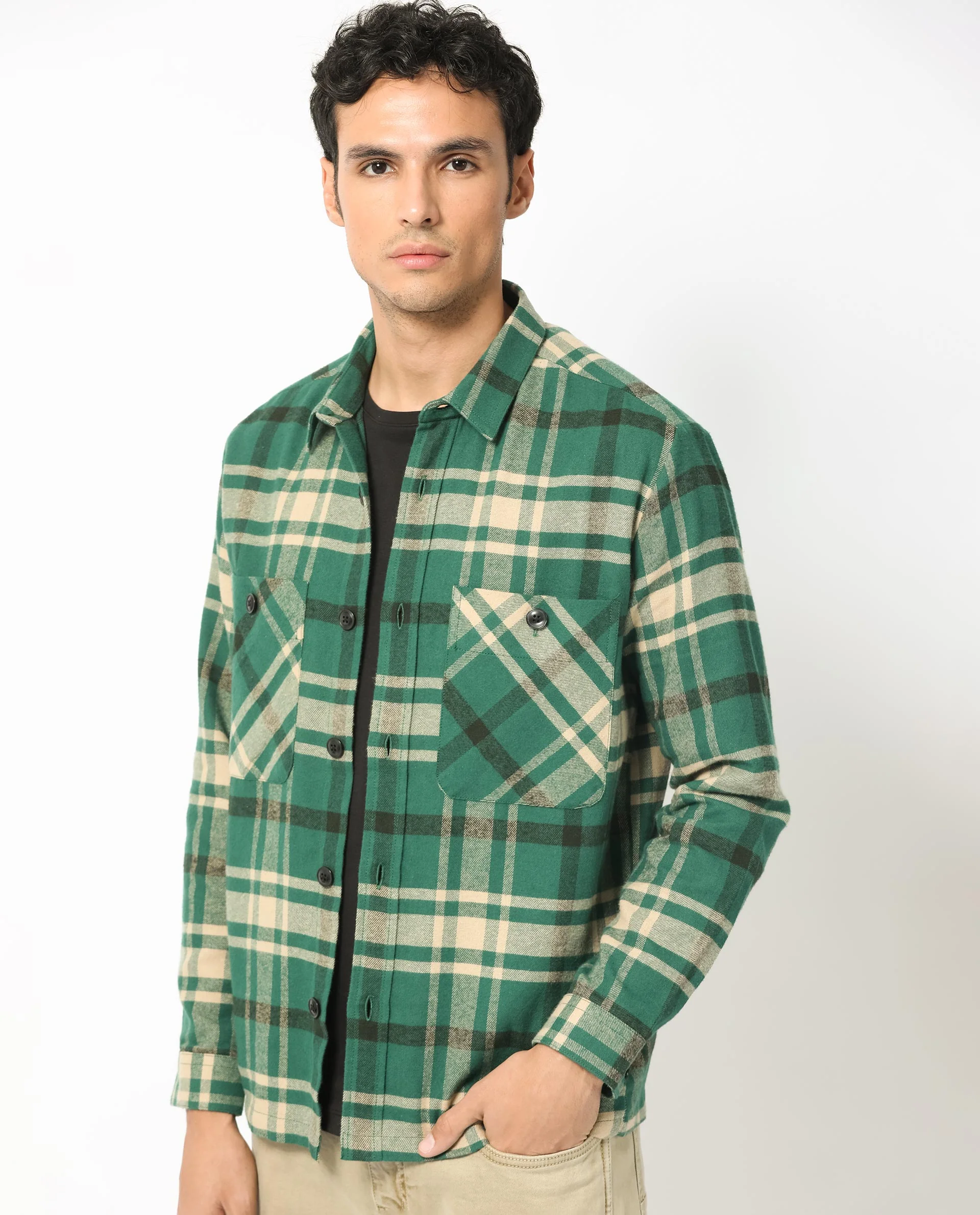 Rare Rabbit Men's Nero Dark Green Cotton Checked Print Relaxed Fit Full Sleeve Spread Collar Shacket - Image 5