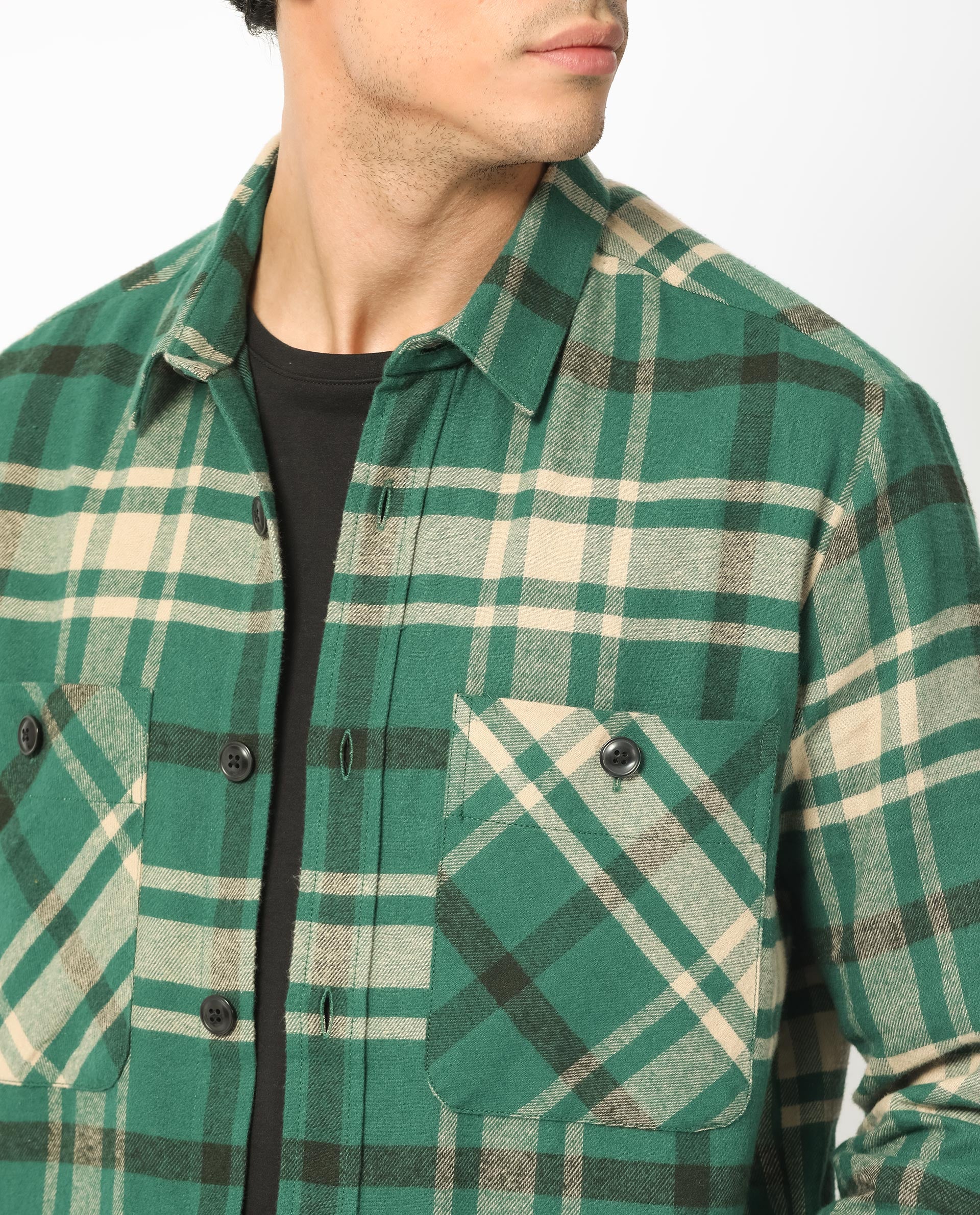 Rare Rabbit Men's Nero Dark Green Cotton Checked Print Relaxed Fit Full Sleeve Spread Collar Shacket - Image 6