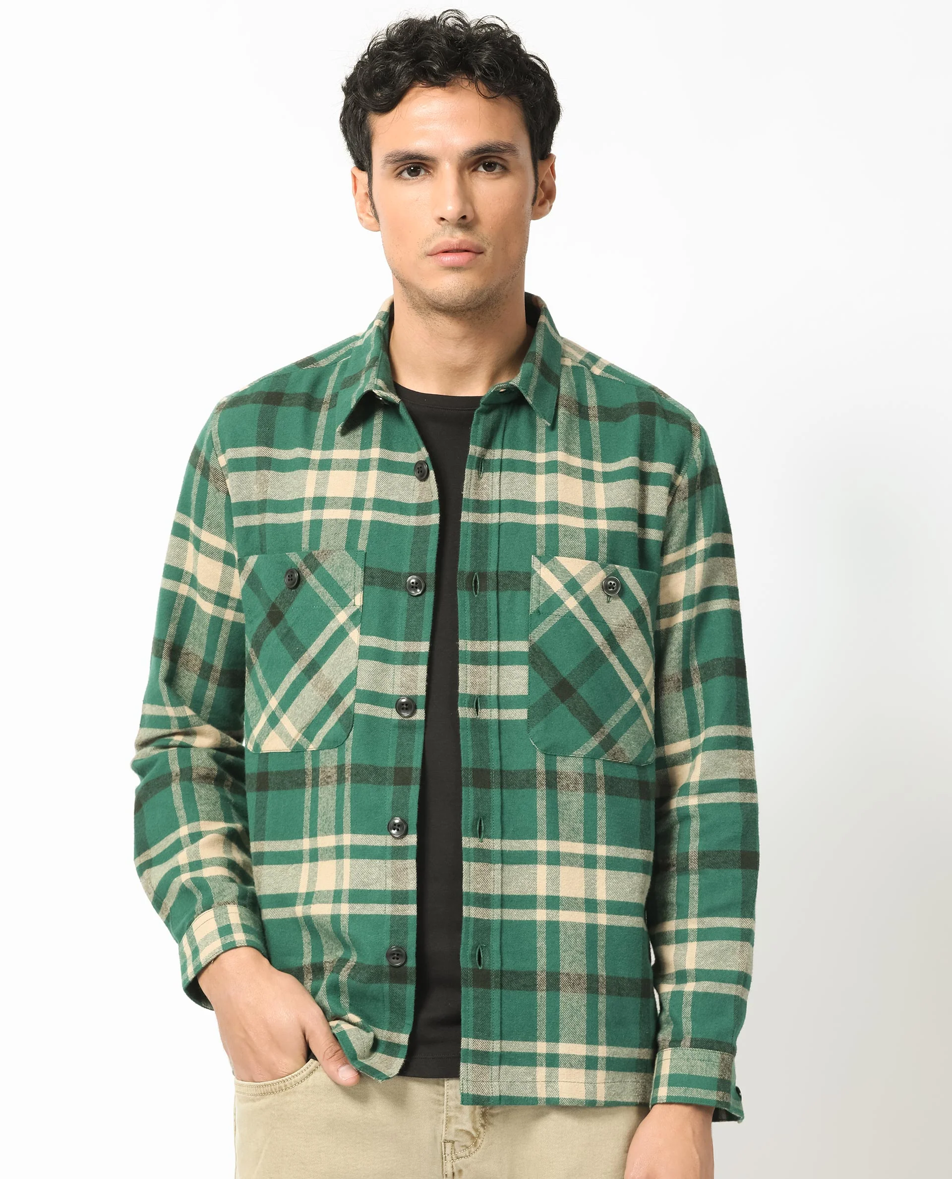 Rare Rabbit Men's Nero Dark Green Cotton Checked Print Relaxed Fit Full Sleeve Spread Collar Shacket - Image 7