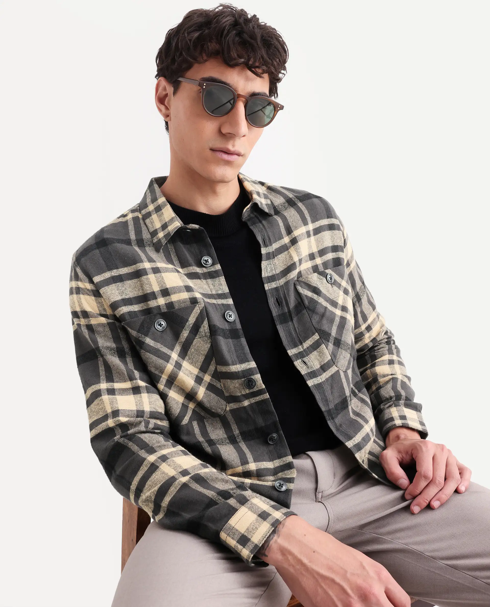 Rare Rabbit Men's Nero Dark Grey Cotton Checked Print Relaxed Fit Full Sleeve Collared Shacket
