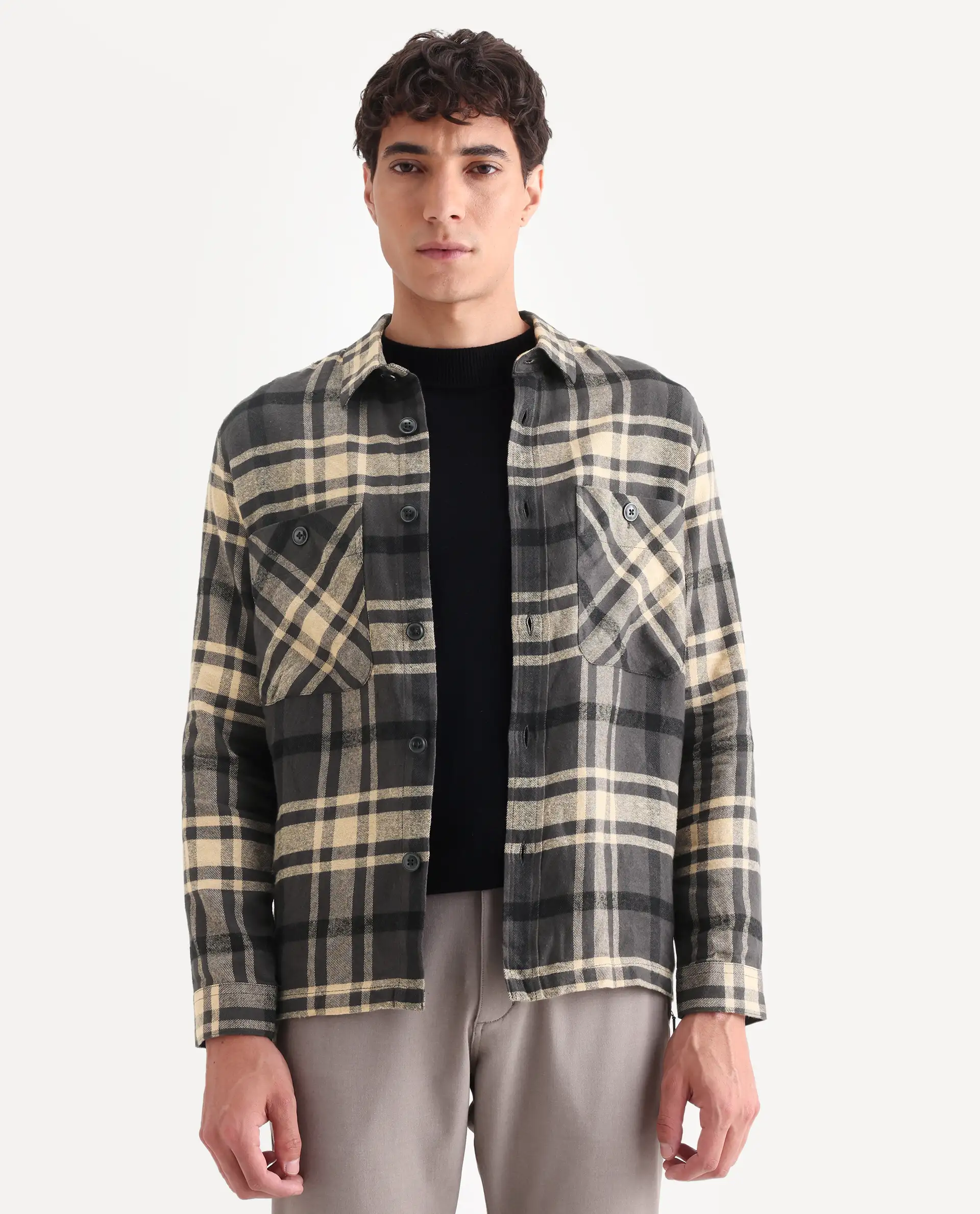 Rare Rabbit Men's Nero Dark Grey Cotton Checked Print Relaxed Fit Full Sleeve Collared Shacket - Image 3